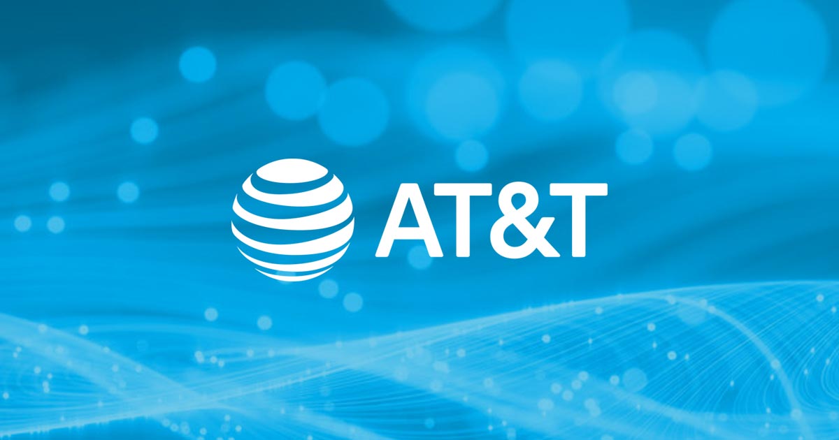The image features the AT&T logo, with a white globe icon of curved stripes next to the bold white text "AT&T," set against a blue background with light wave and dot patterns.