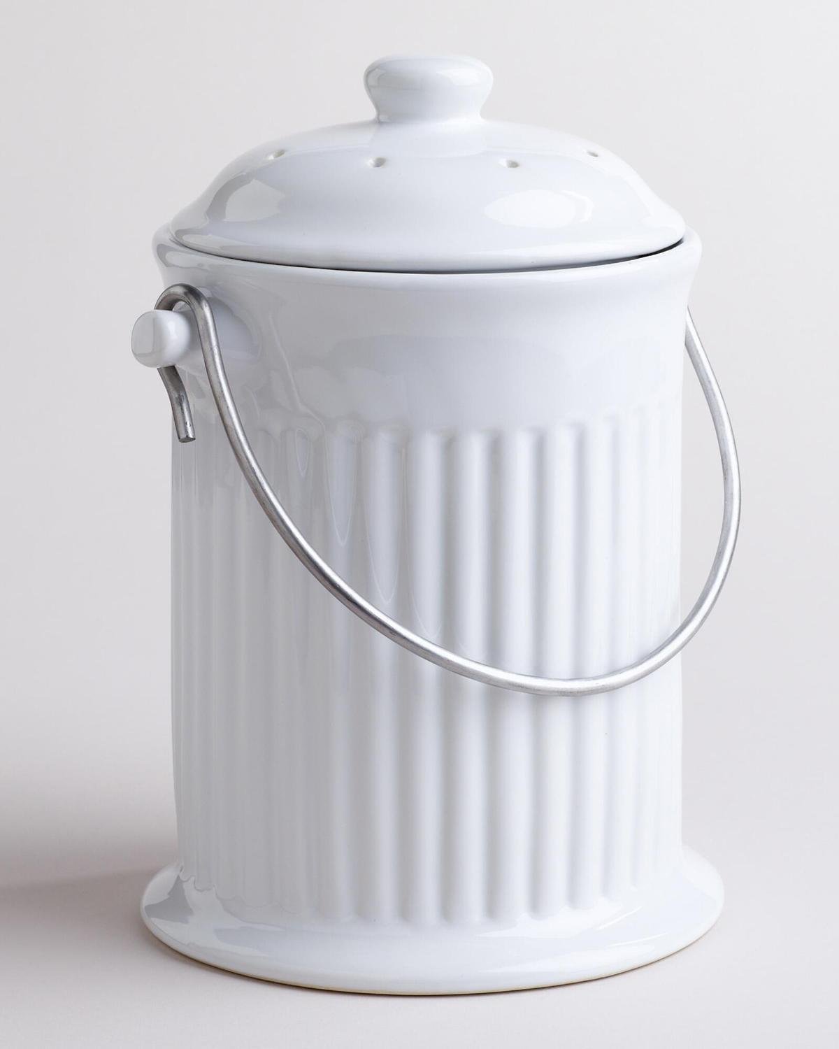 $11 FOR WHITE CERAMIC COMPOST BUCKET FROM COST PLUS WORLD MARKET