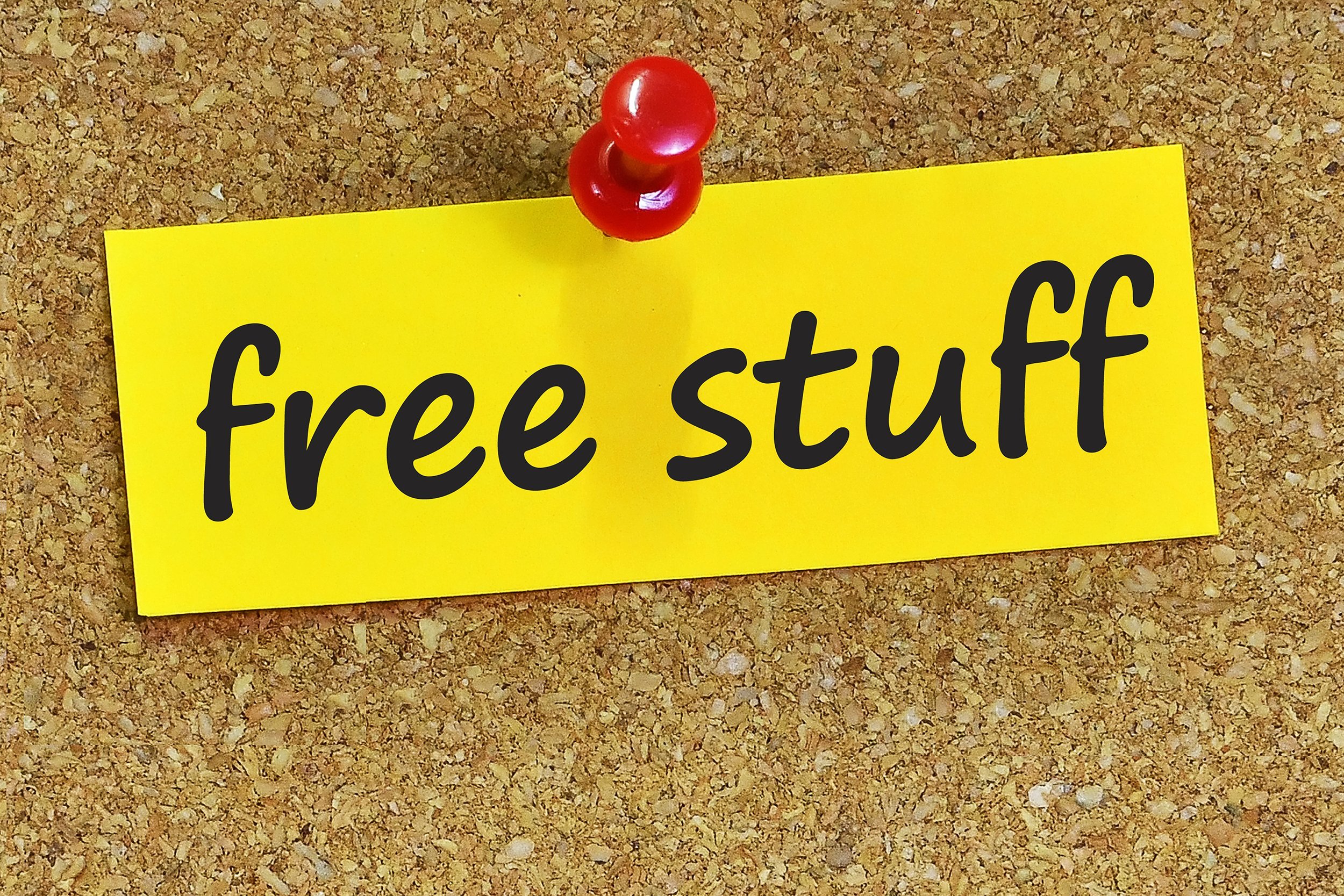 free stuff on yellow post-it note with cork background