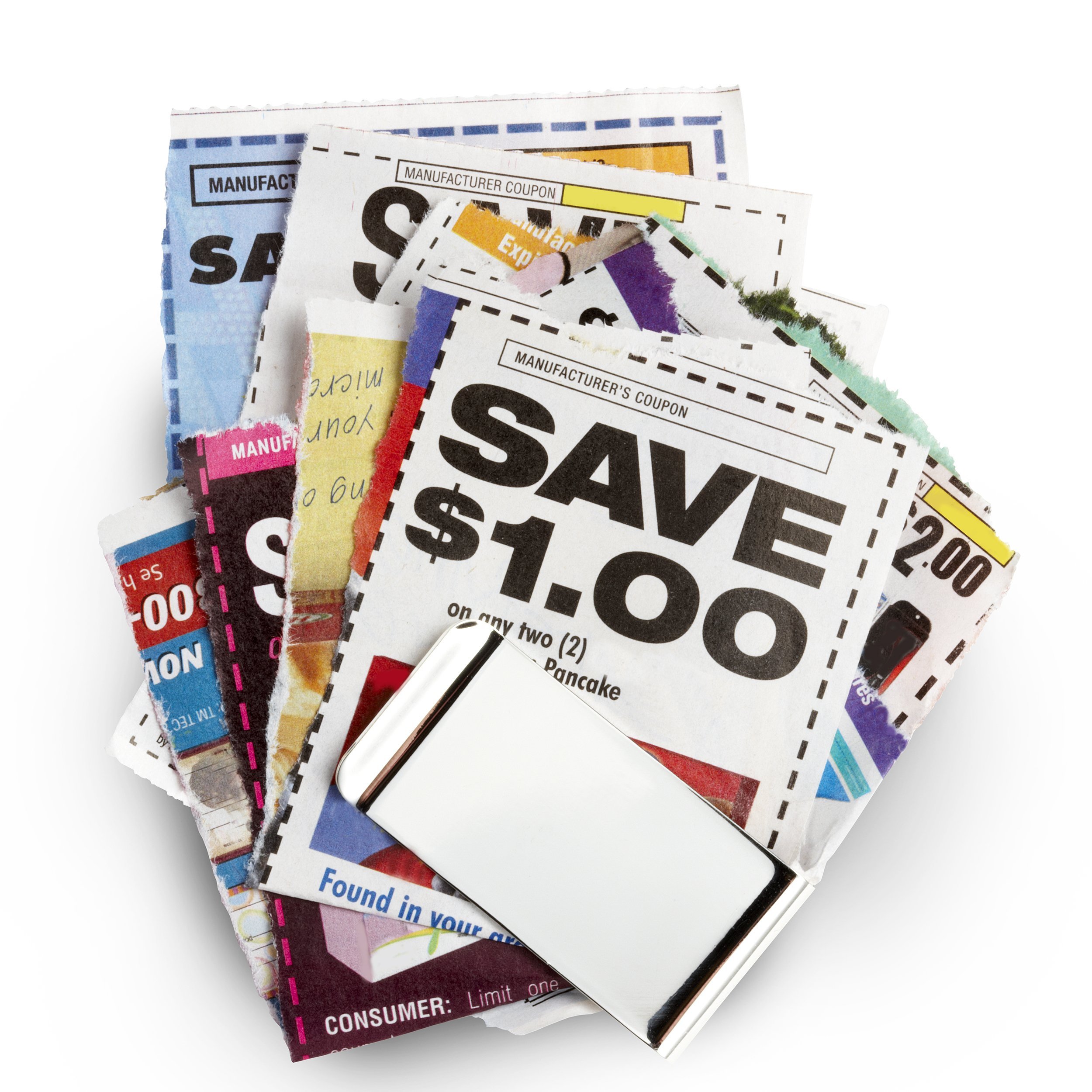 savings coupons held together by silver money clip