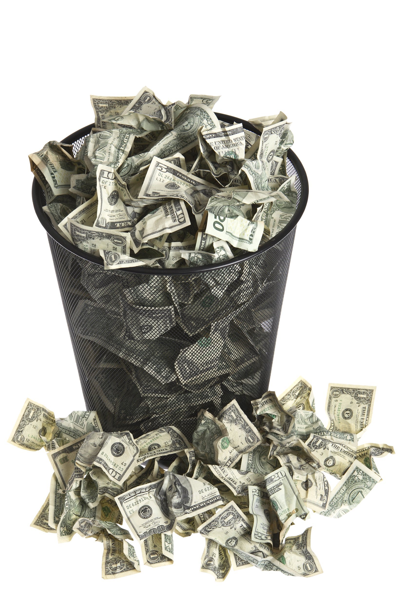 trash can full of dollar bills