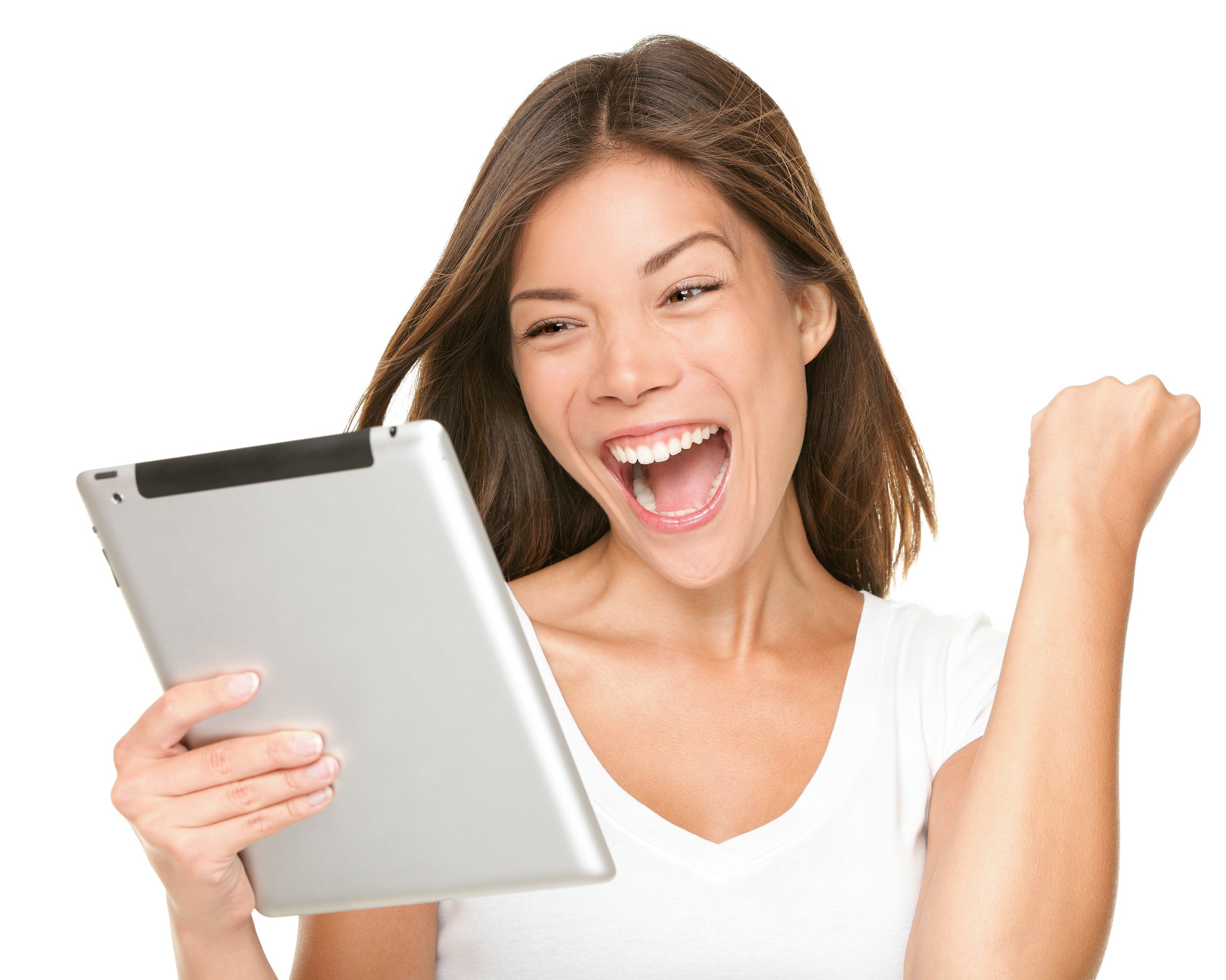 woman excited looking at tablet