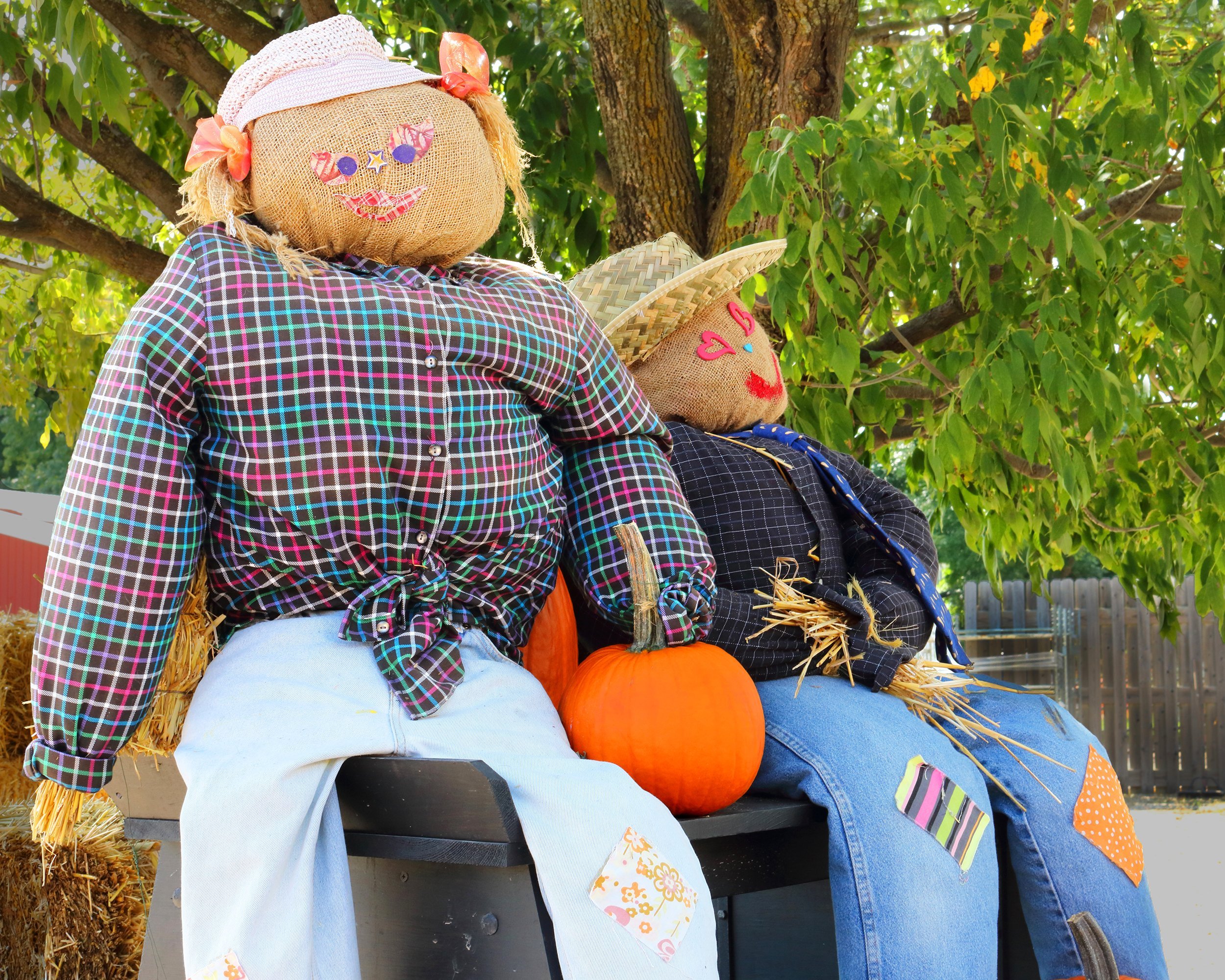 fall decoration of straw people on hayride
