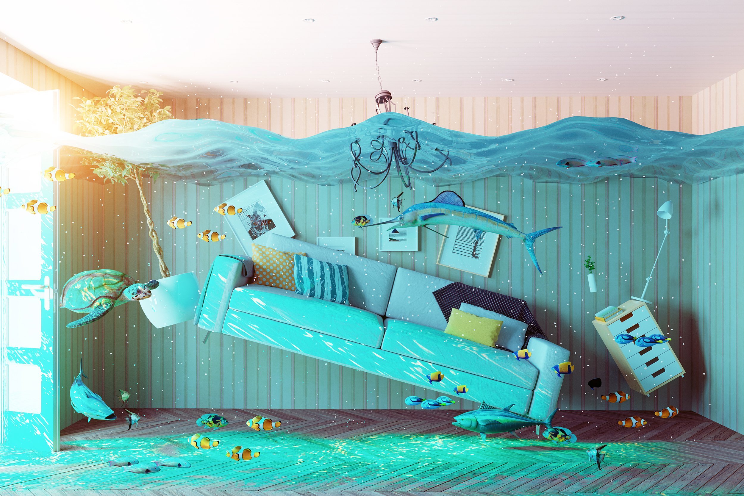 an underwater view in the flooding interior of a room