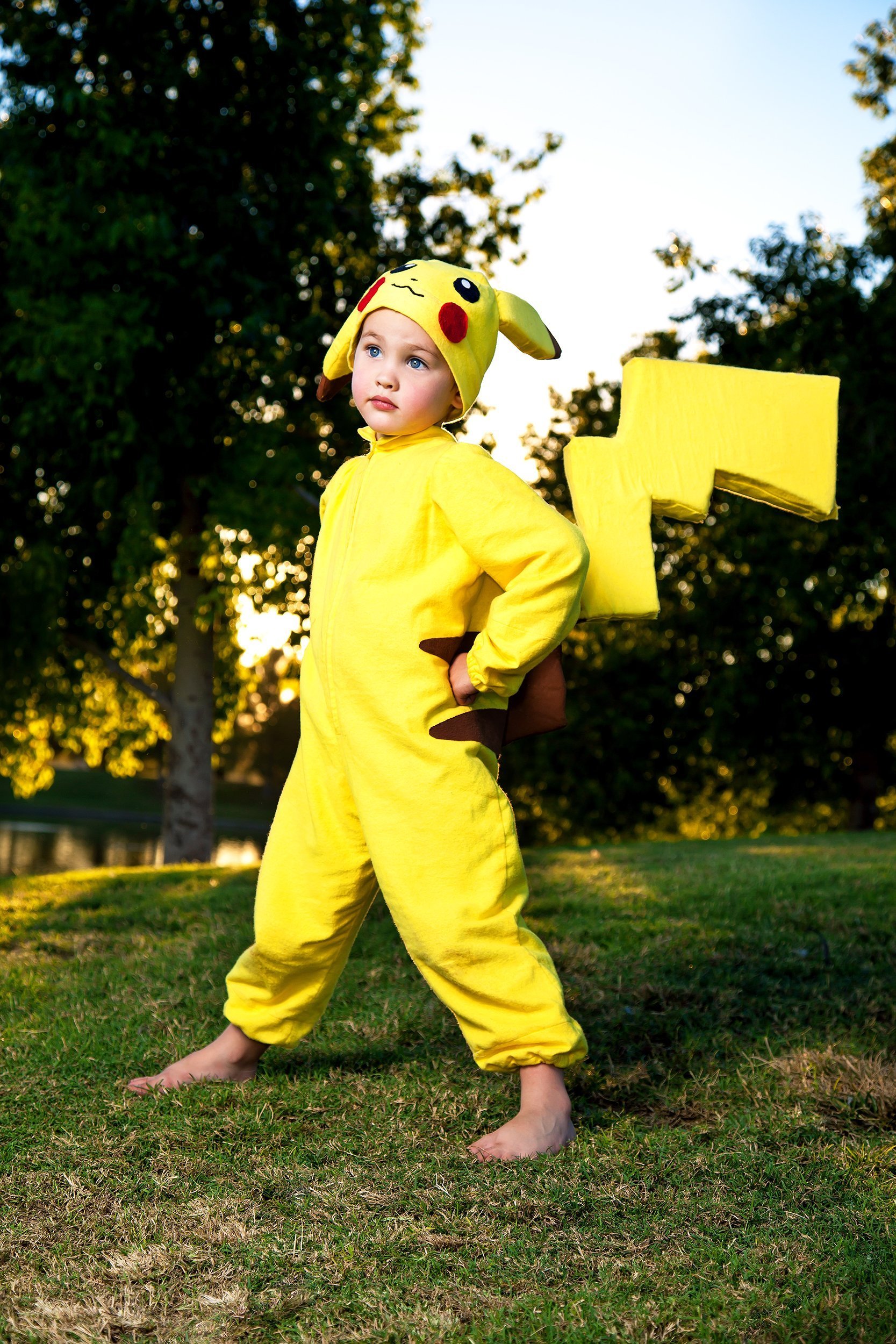 boy dressed in homemade Pokemon Pikachu Halloween costume