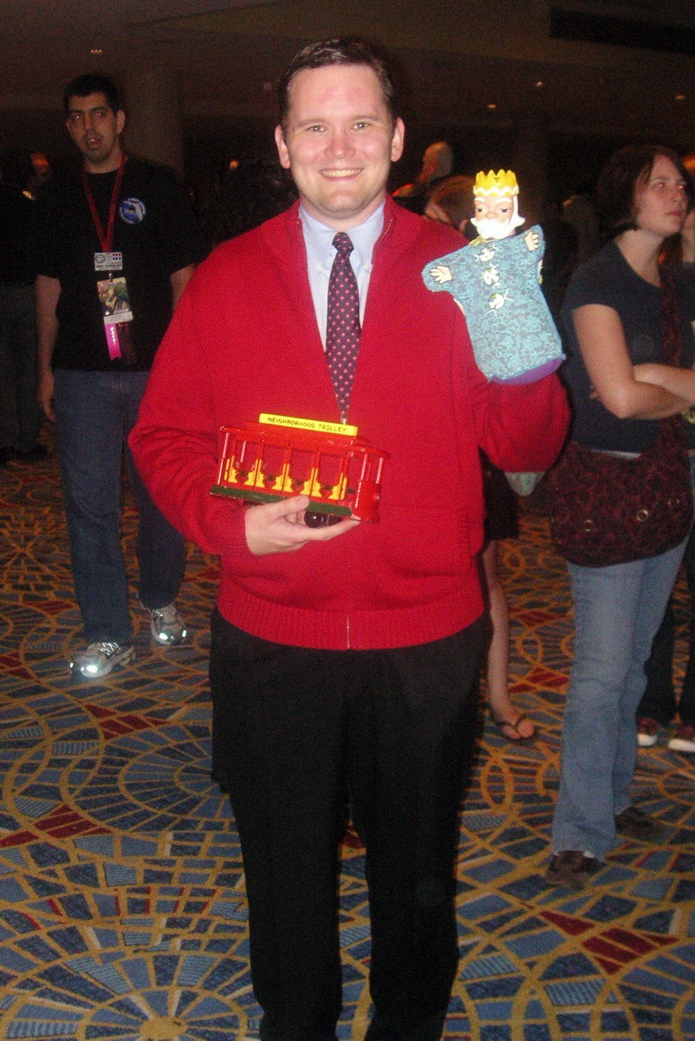 man in Mister Rogers costume