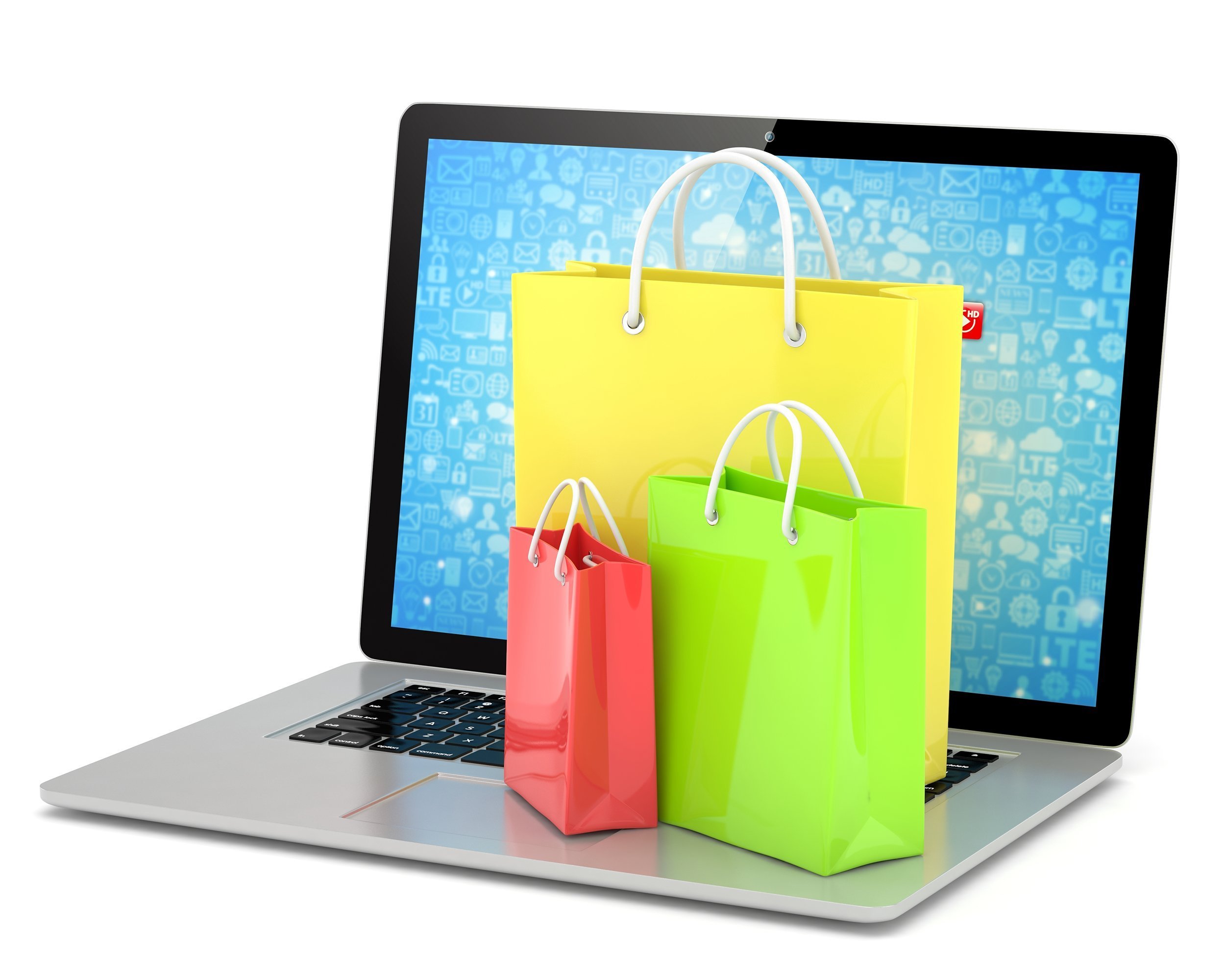 laptop and shopping pags