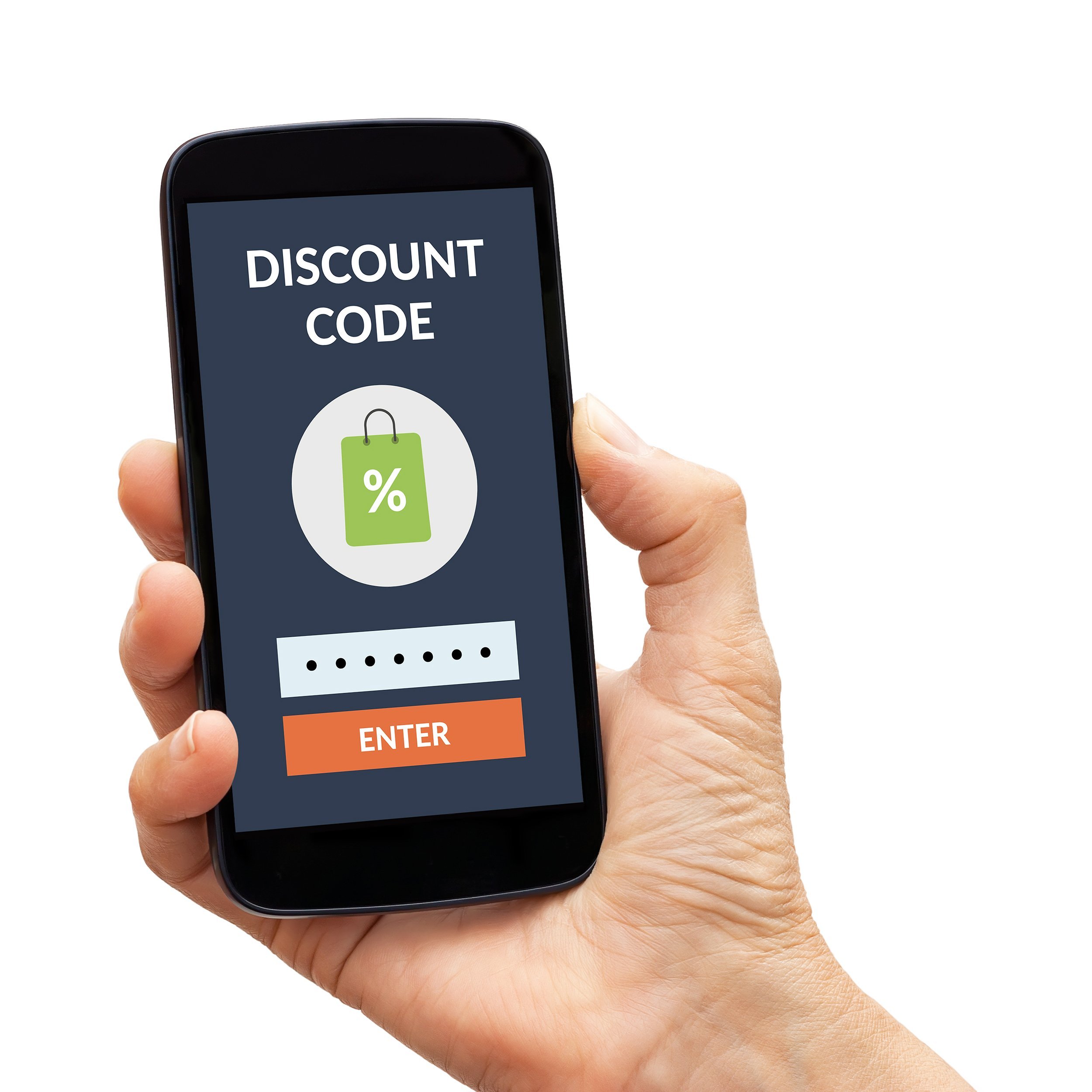 hand holding a black smart phone with discount code