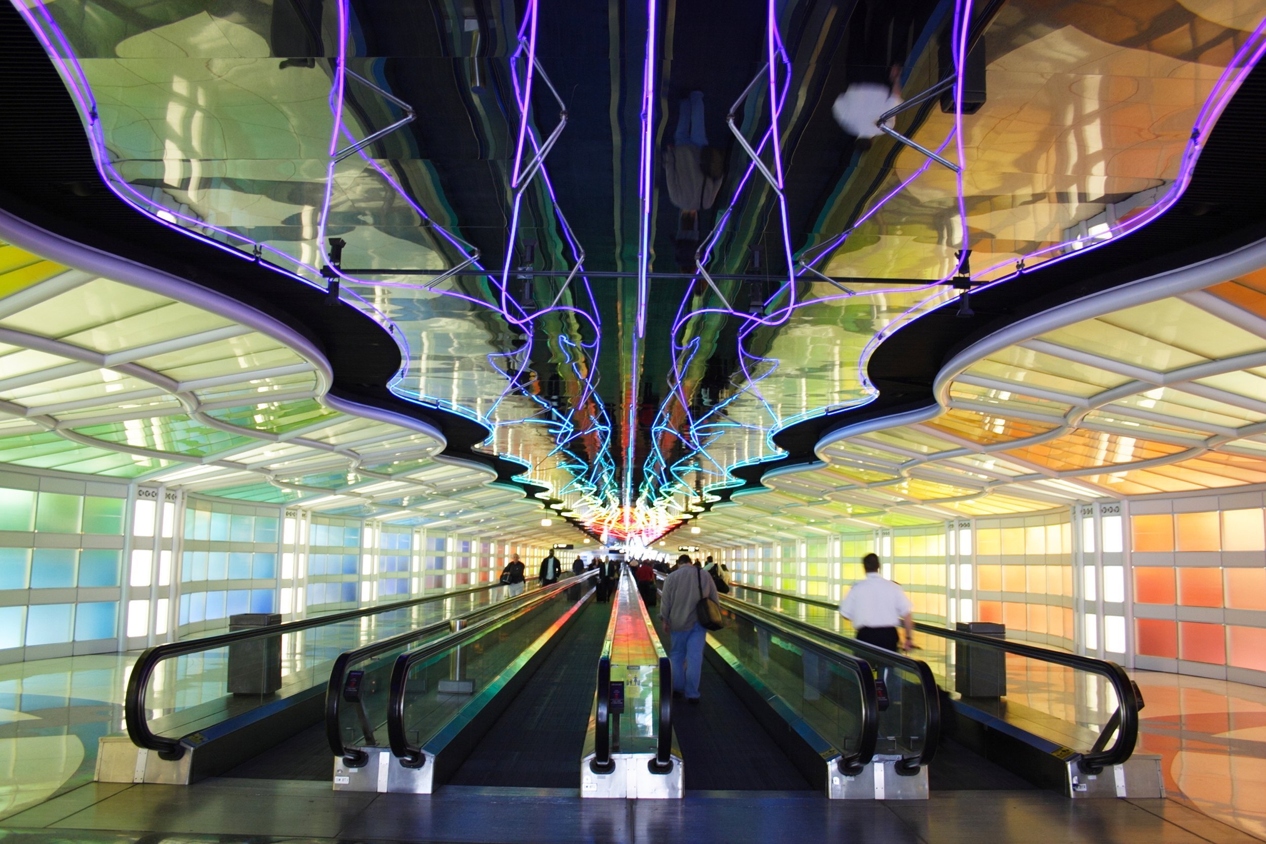 colorful moving subway in Chicago airport