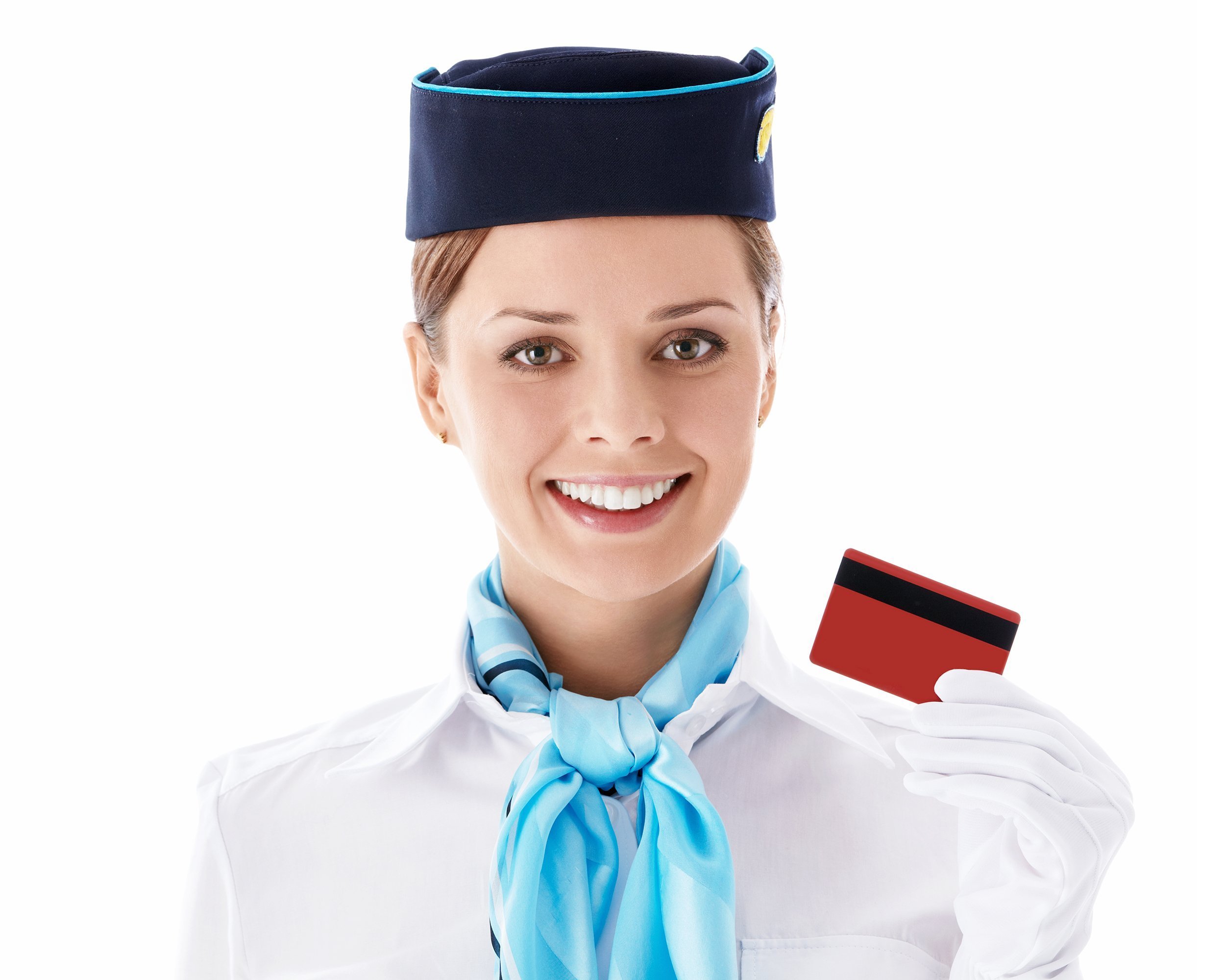stewardess holding a credit card