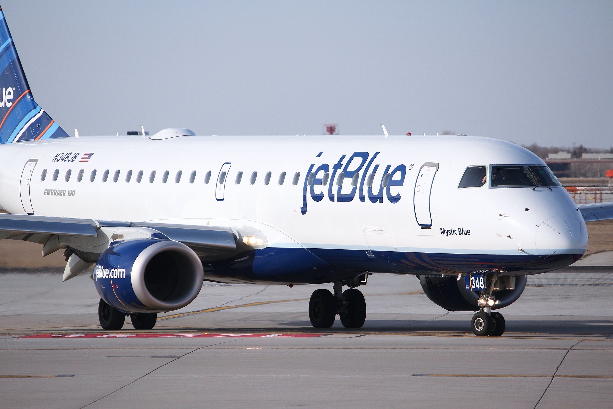 Jetblue Embraer taxies after landing at the airport