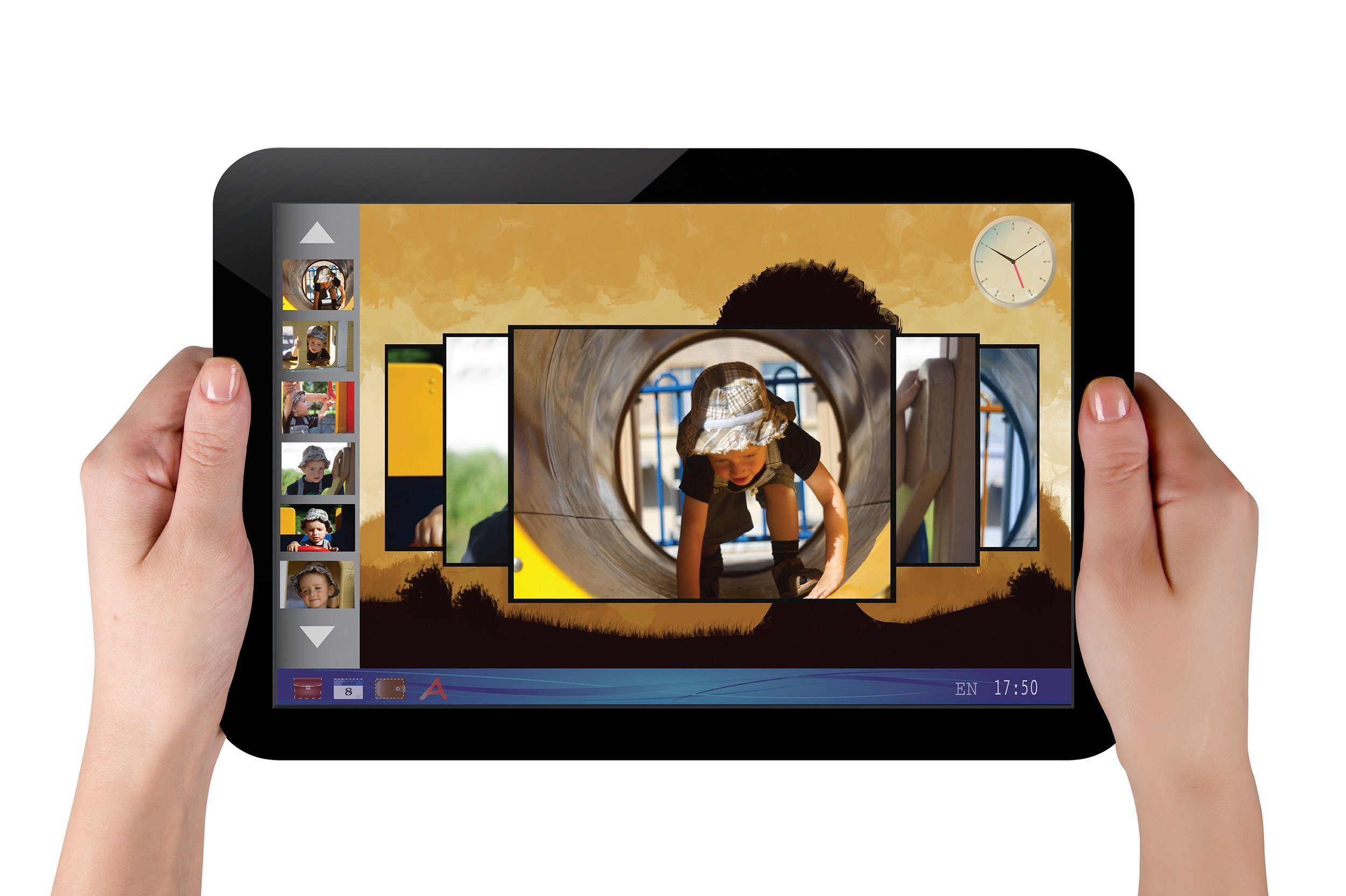 hands holding touch screen tablet with photos