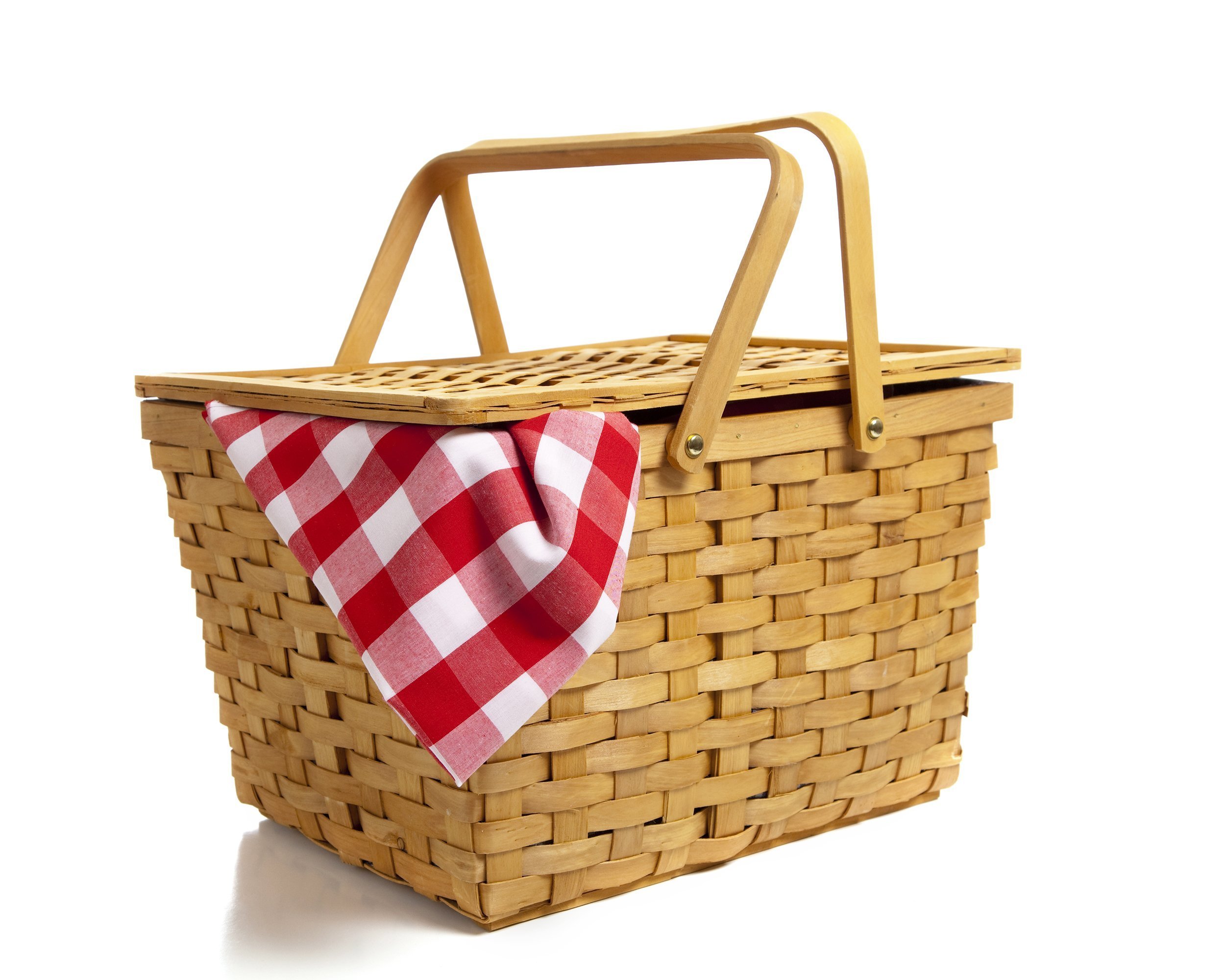 wicker picnic basket with a red gingham cloth