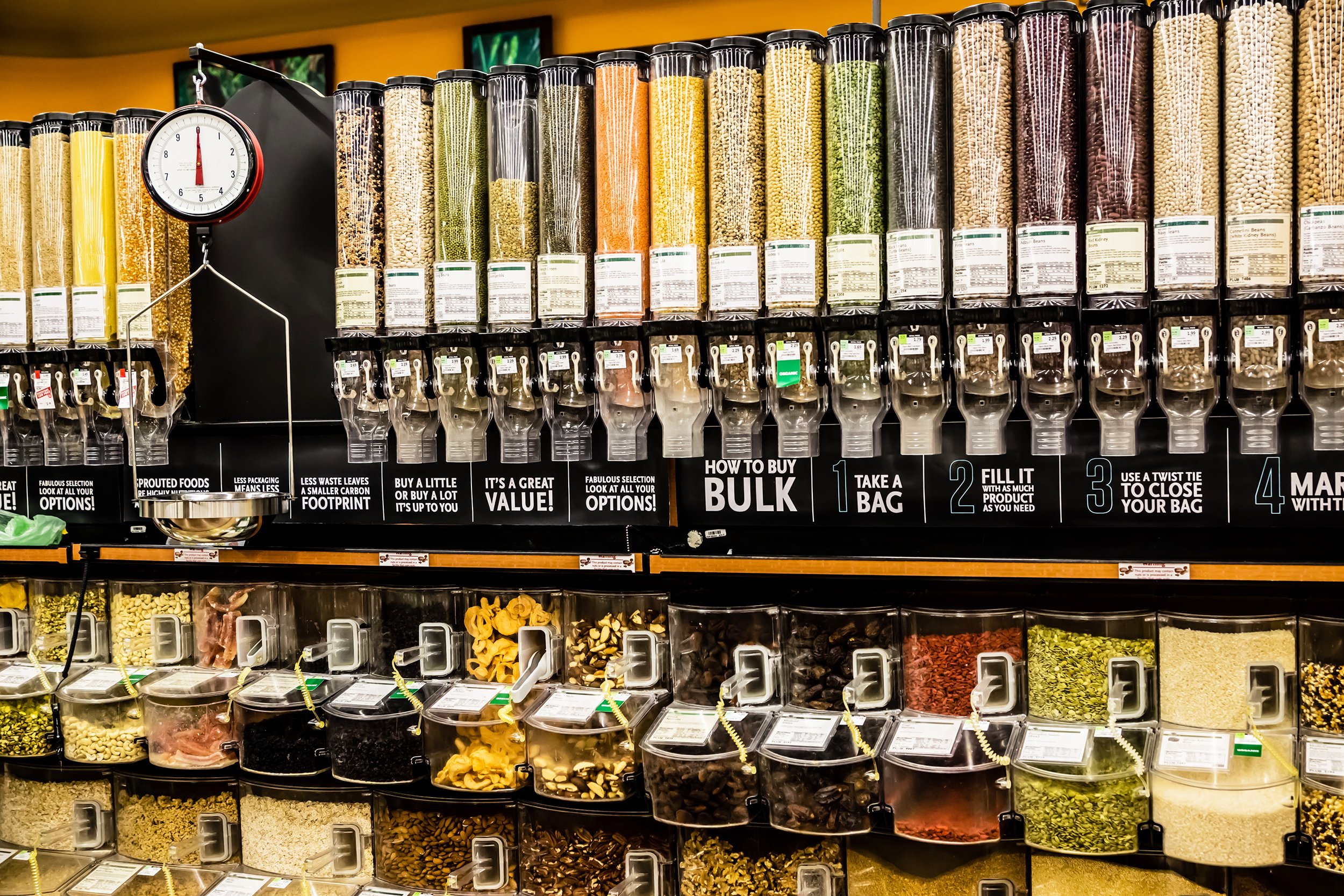 large selection of bulk dry foods in grocery store