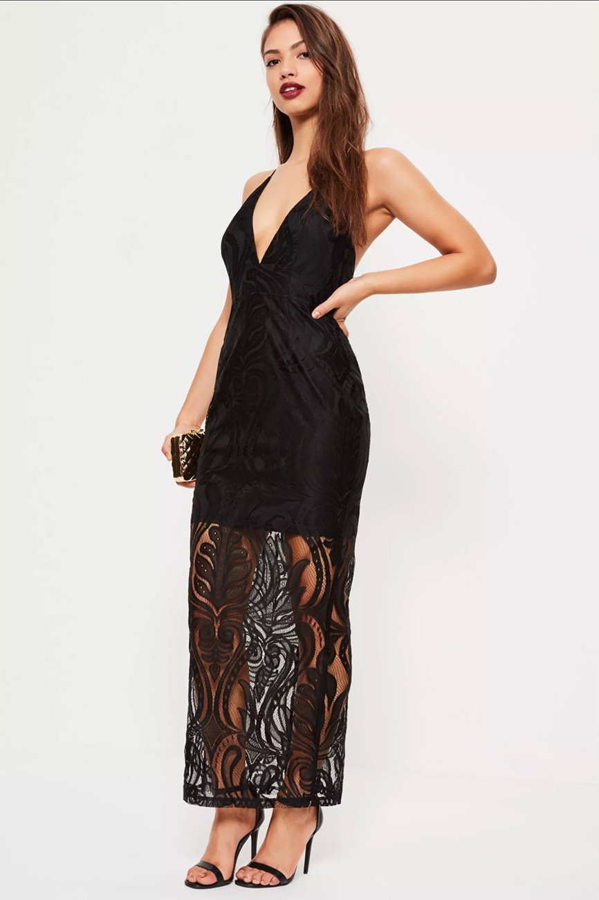 Missguided Black Lace Strappy Plunge Maxi Dress