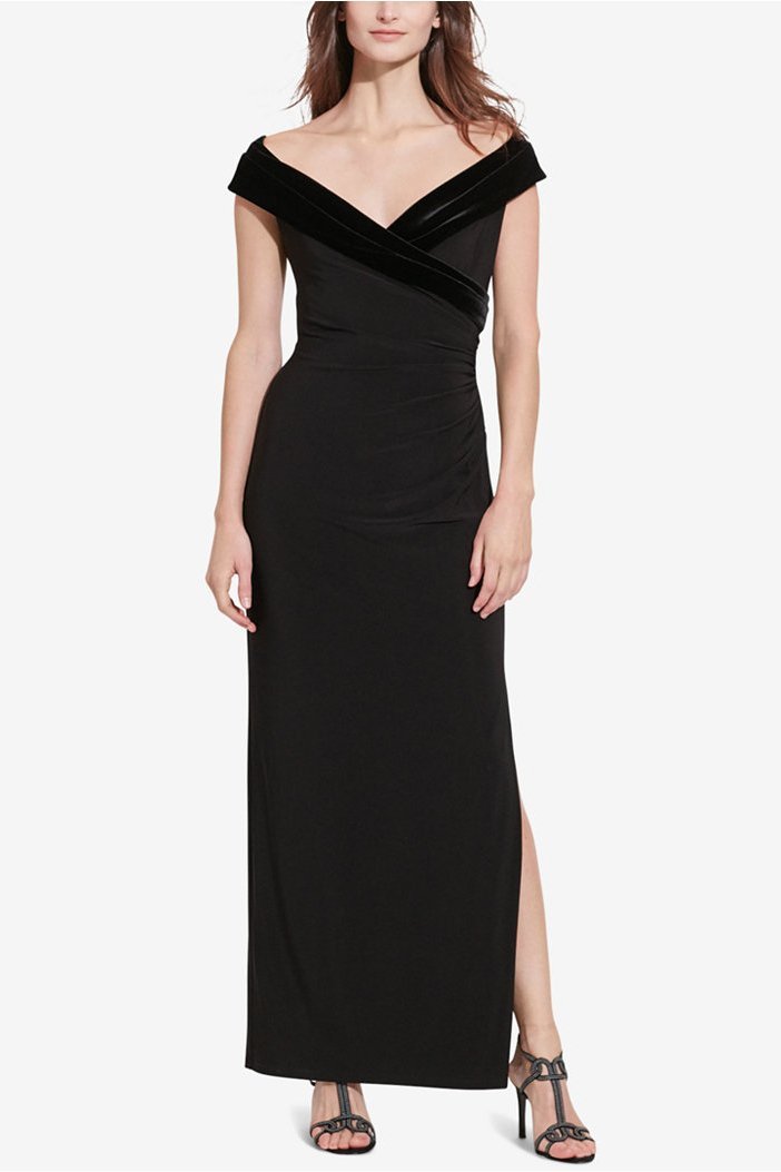 Lauren Ralph Lauren Velvet-Trim Off-The-Shoulder Gown