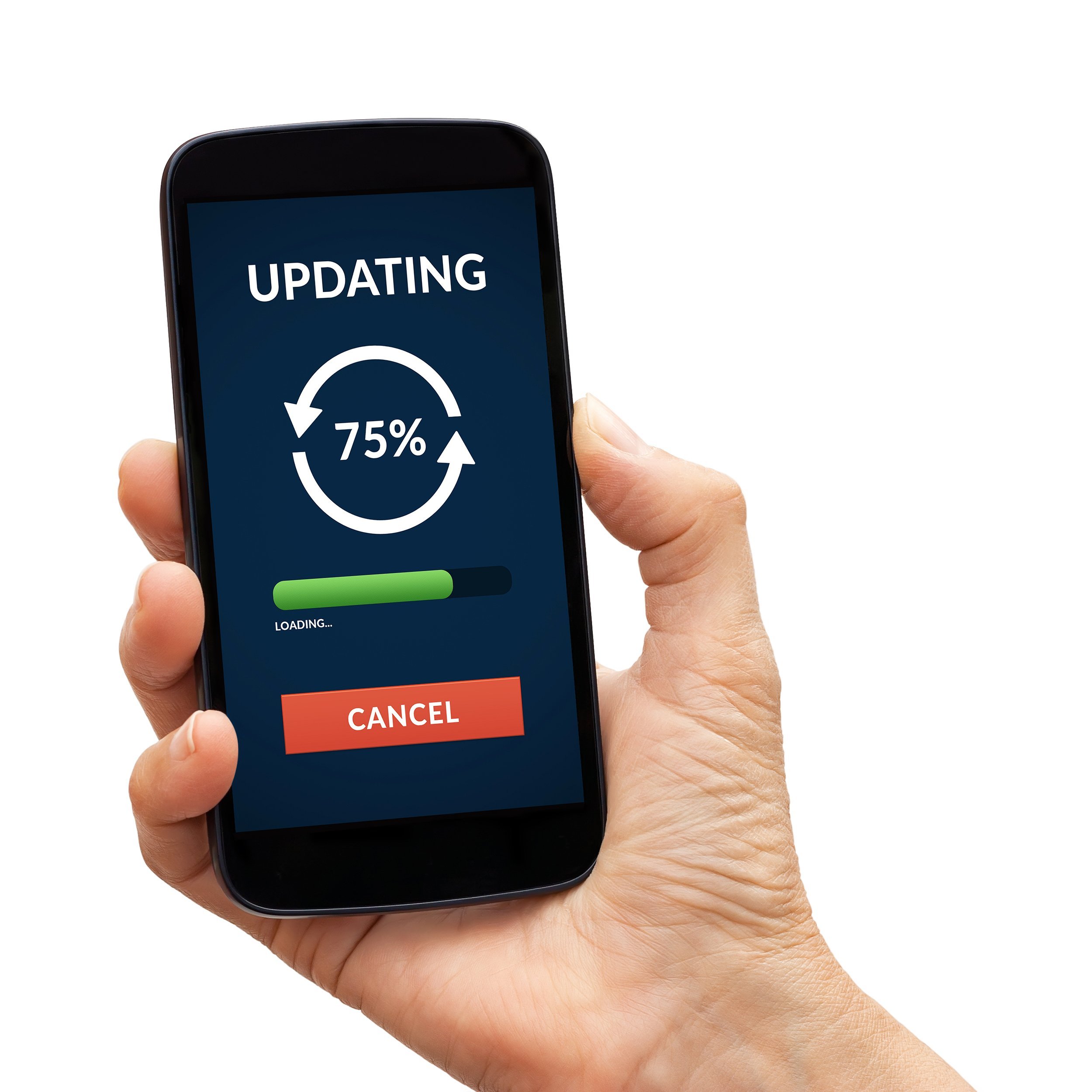 hand holding a black smart phone with update concept on screen