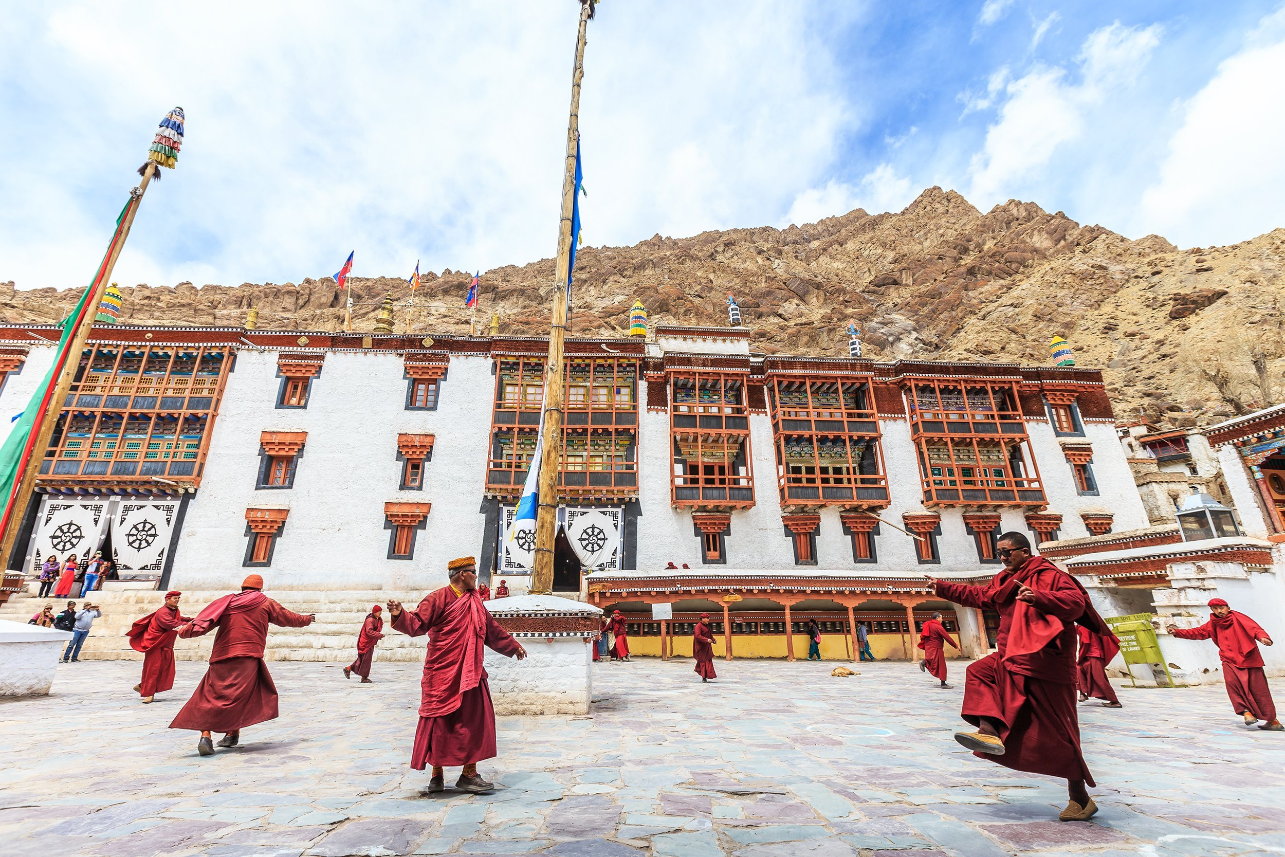 Tibetan buddhist monks dance for opening ceremony of the Hemis Festival at Hemis monastery in Leh