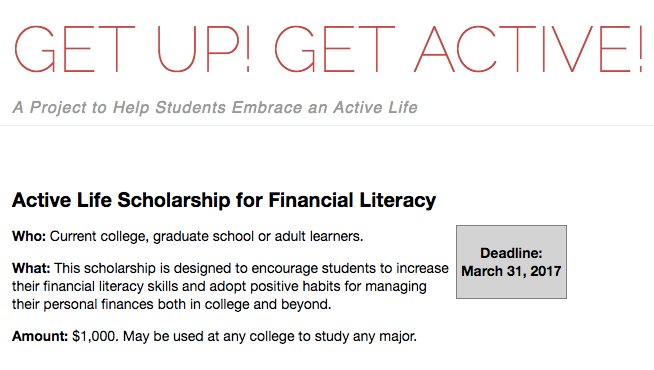 promo for Get Up Get Active Scholarship for financial literacy