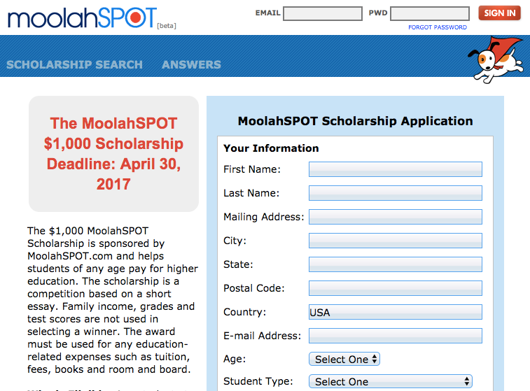 snapshot of scholarship promo from TheMoolahSpot.com