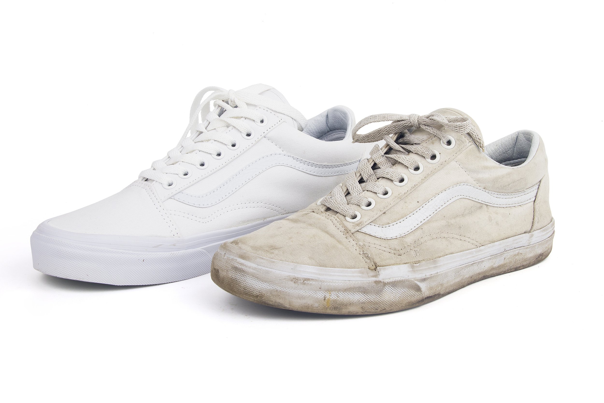 old dirty and new white sneakers