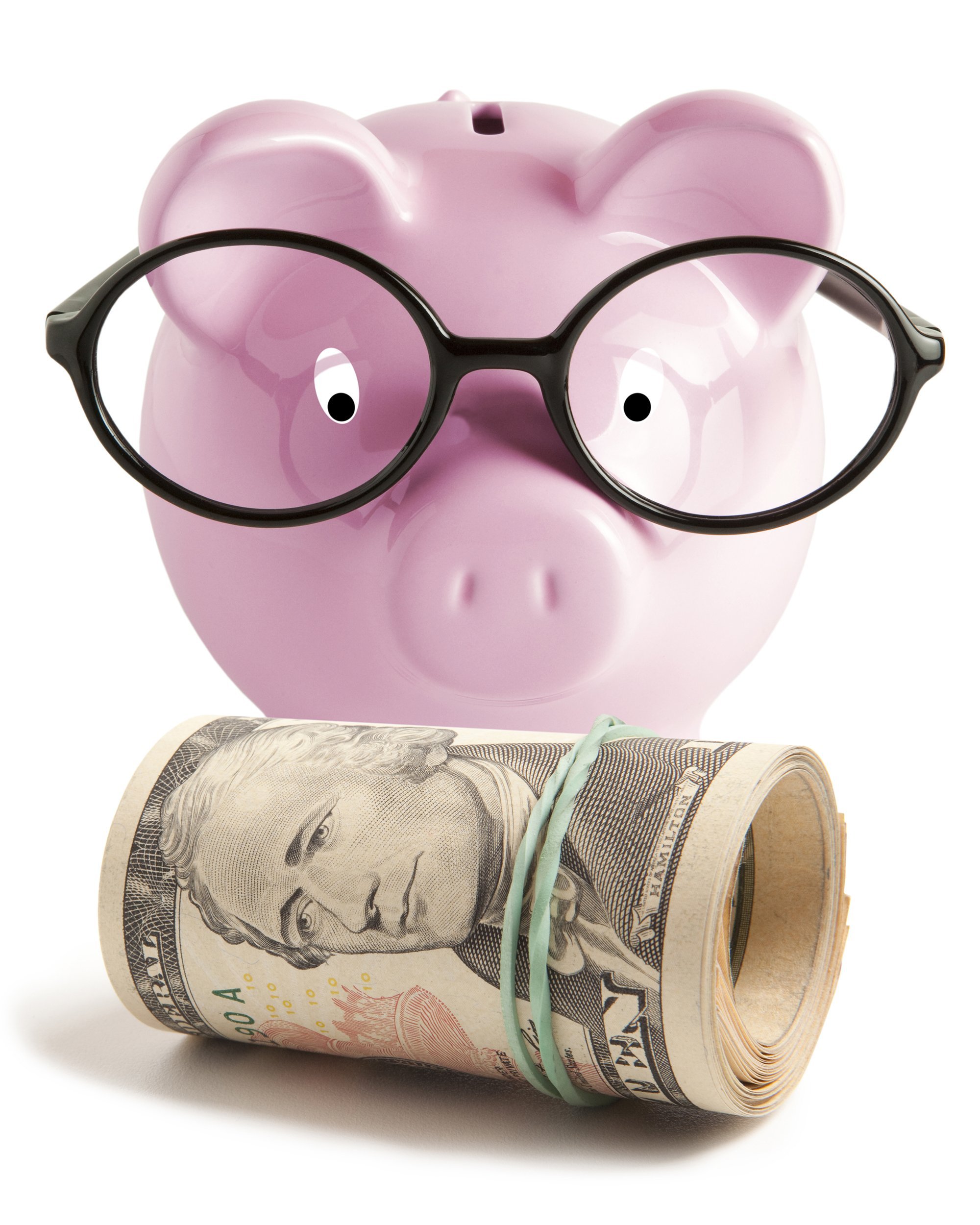 piggy bank with glasses looking at money