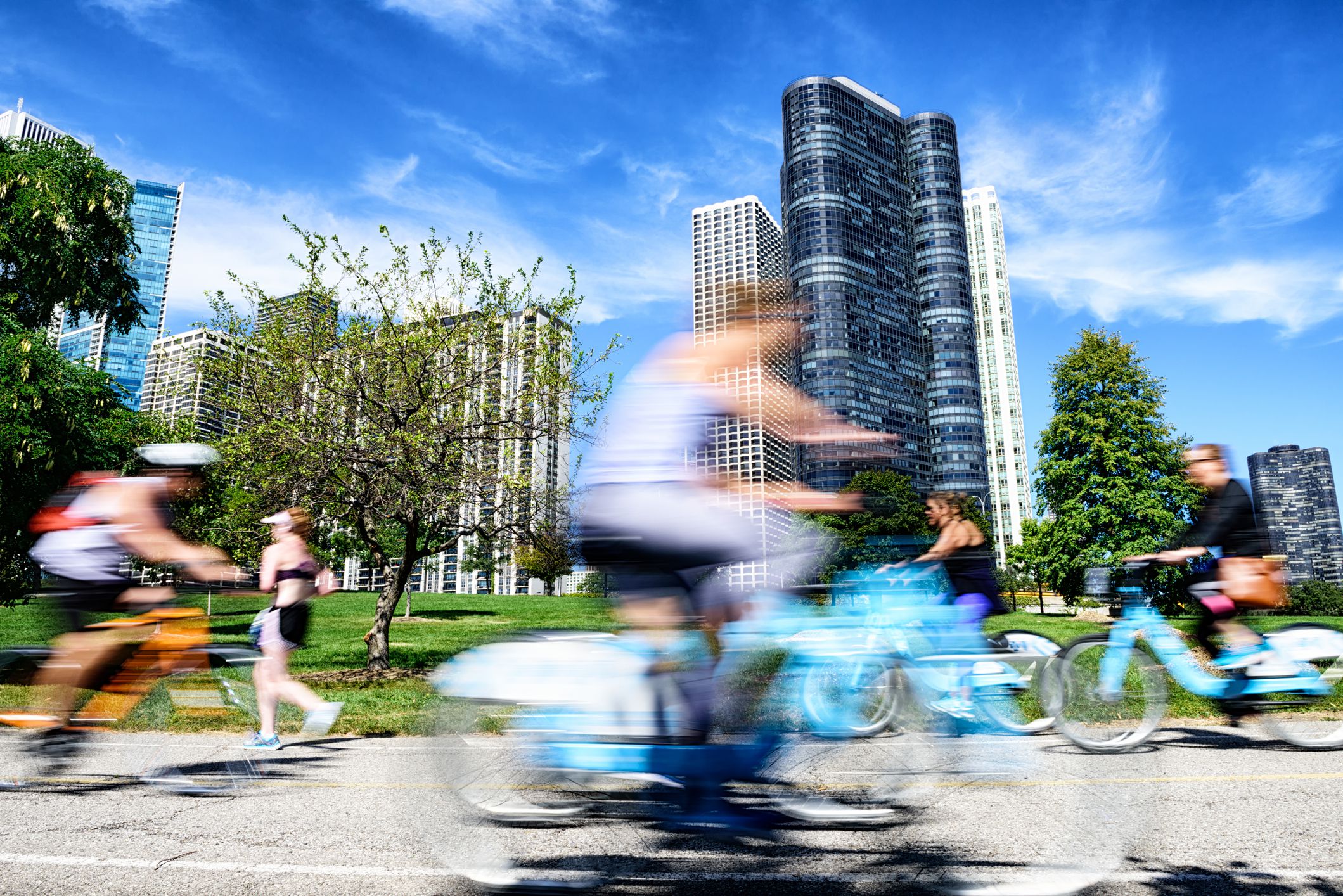 Cyclists, on lakeshore bike path, downtown Chicago