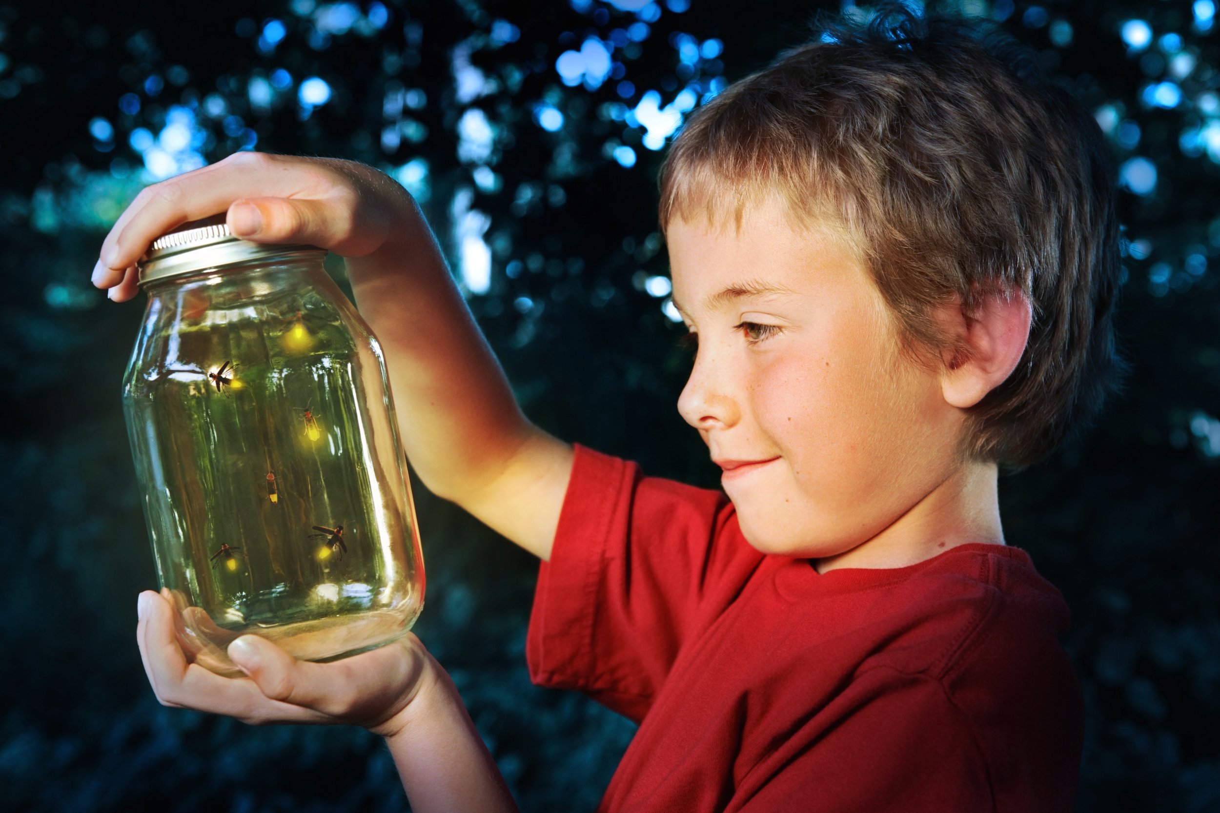 Boy holding a jar of fireflies