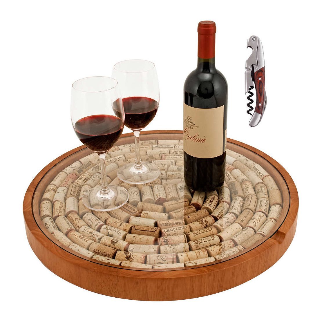 TRUE Fabrications Lazy Susan Cork Storage with Wooden Double-hinged Corkscrew