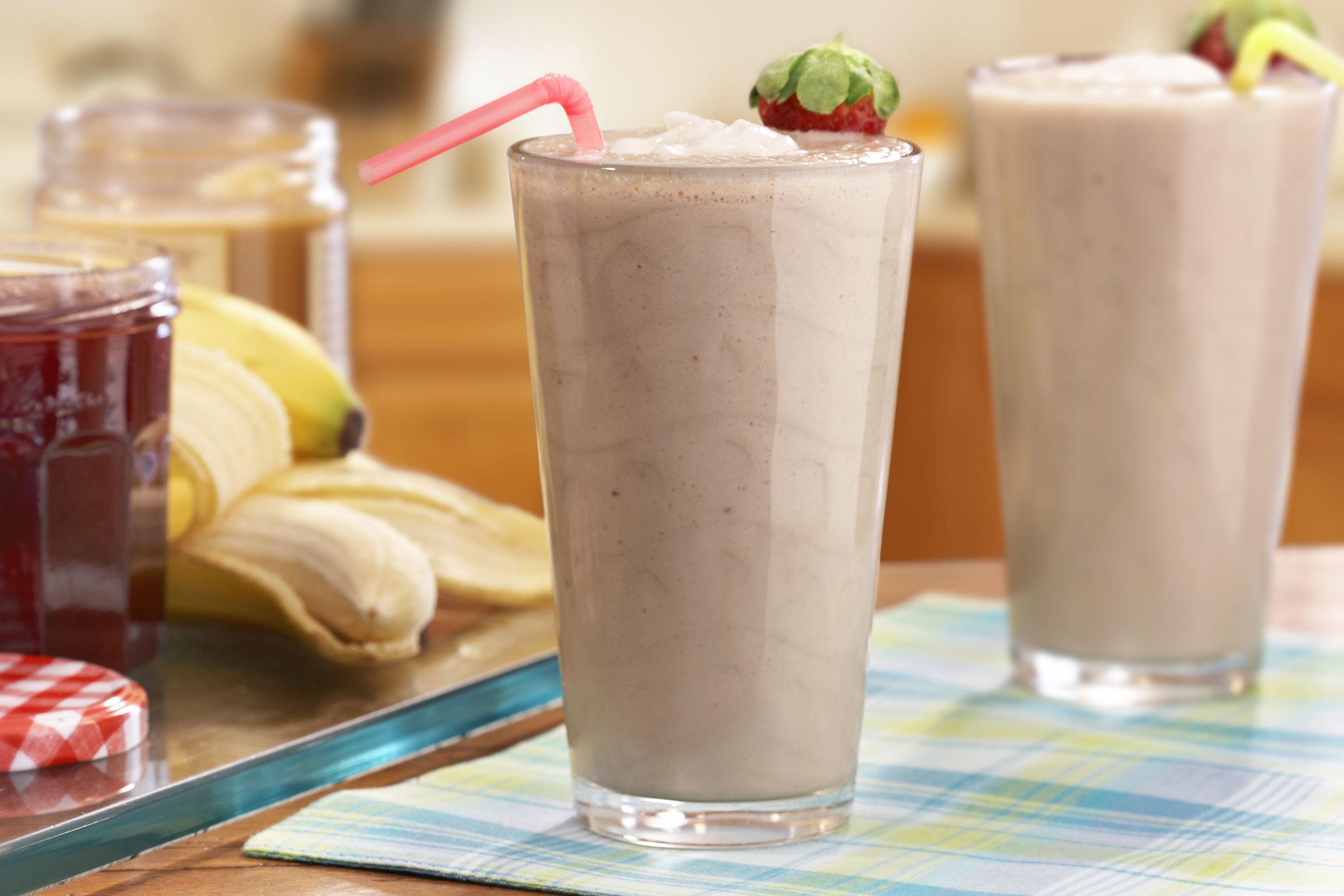 pbj smoothie with strawberry, jelly, banana, peanut butter