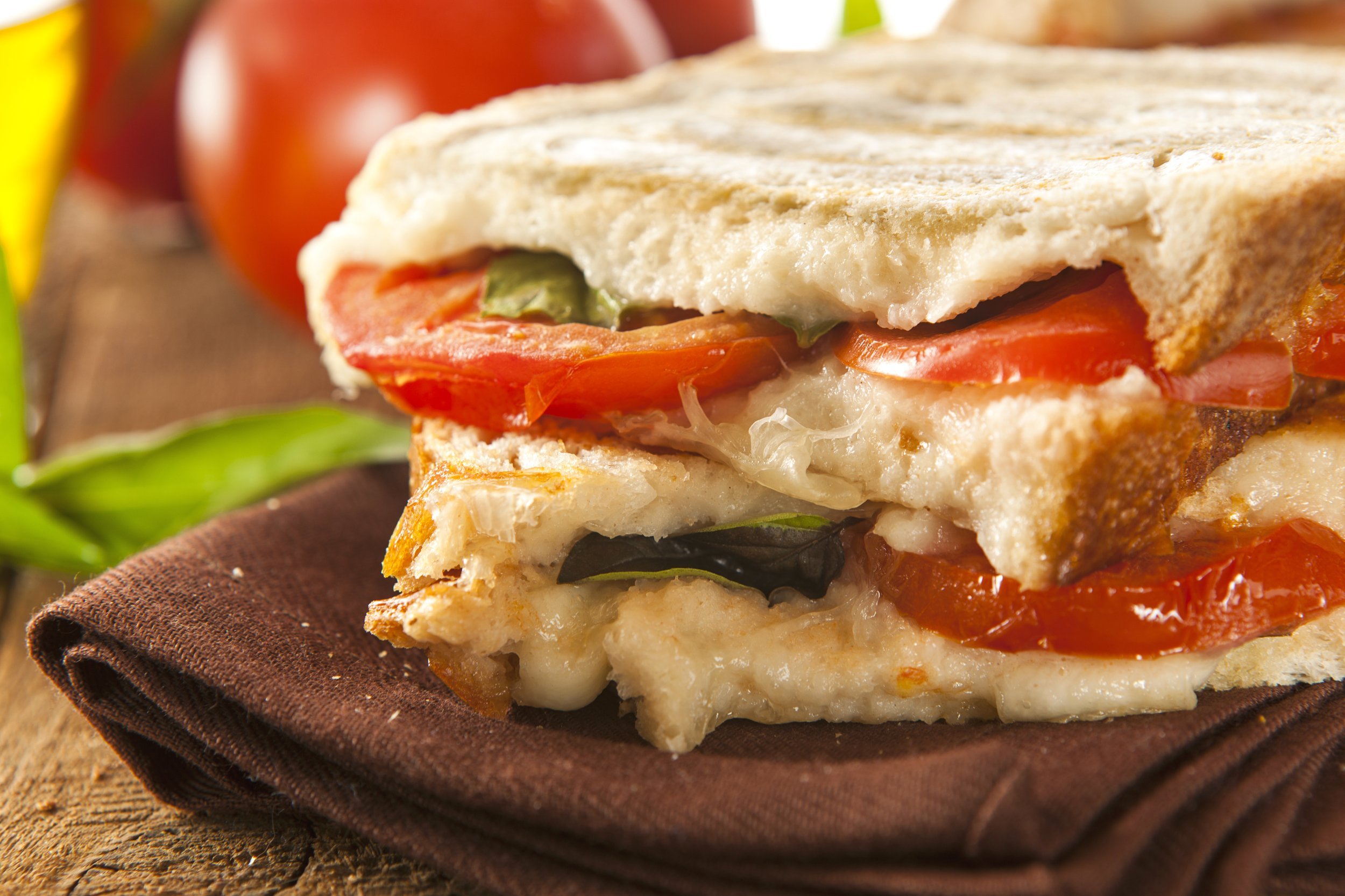 Homemade tomato and mozzarella panini with basil