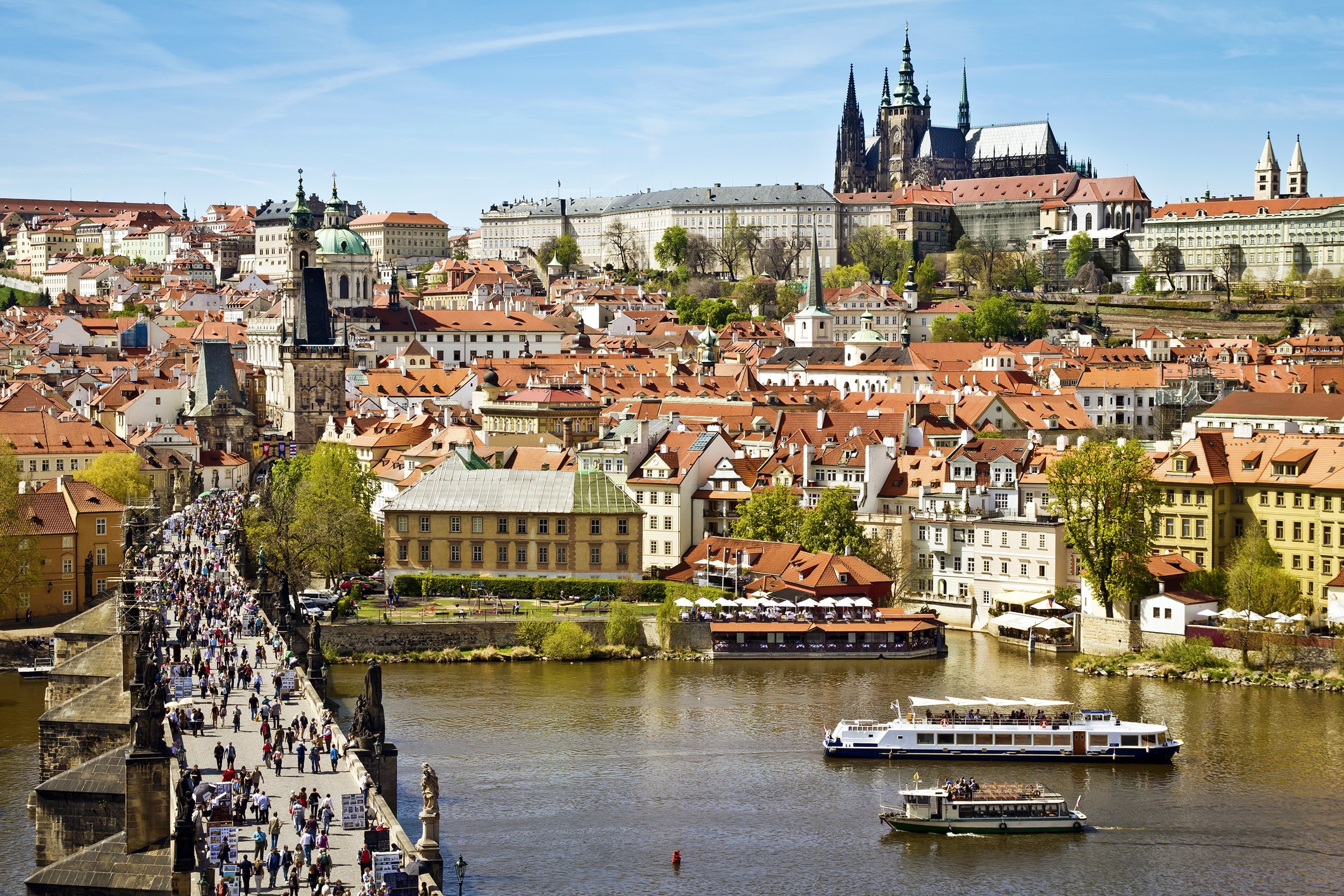 Lesser Bridge Tower of Charles Bridge and Prague Castle in Pargue, Czech Republic