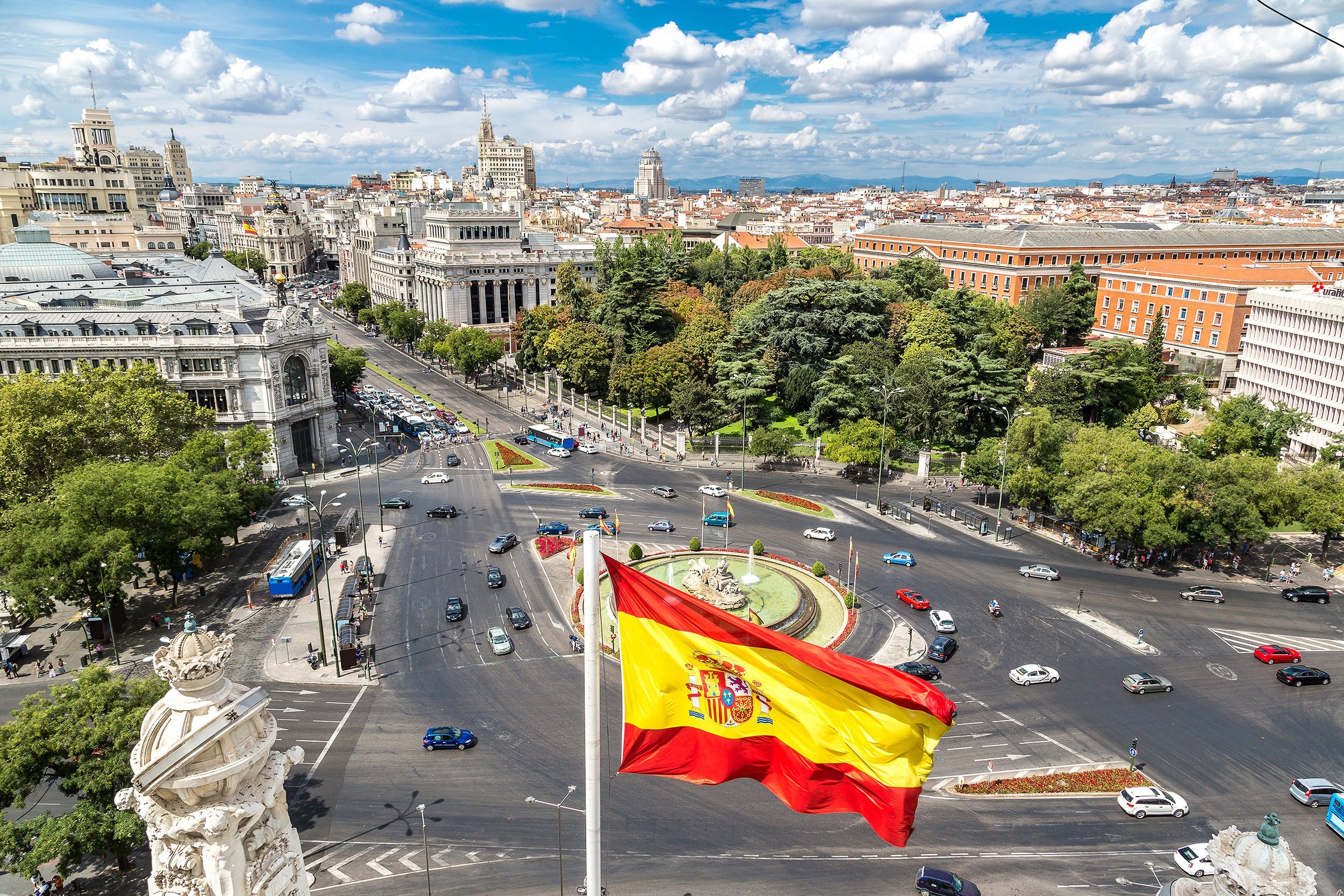 aerial view of Cibeles fountain at Plaza de Cibeles in Madrid, Spain