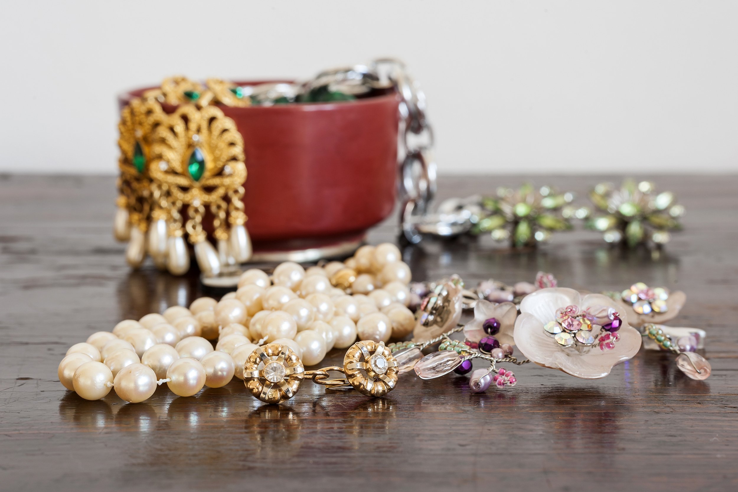 Costume jewelry on a shelf