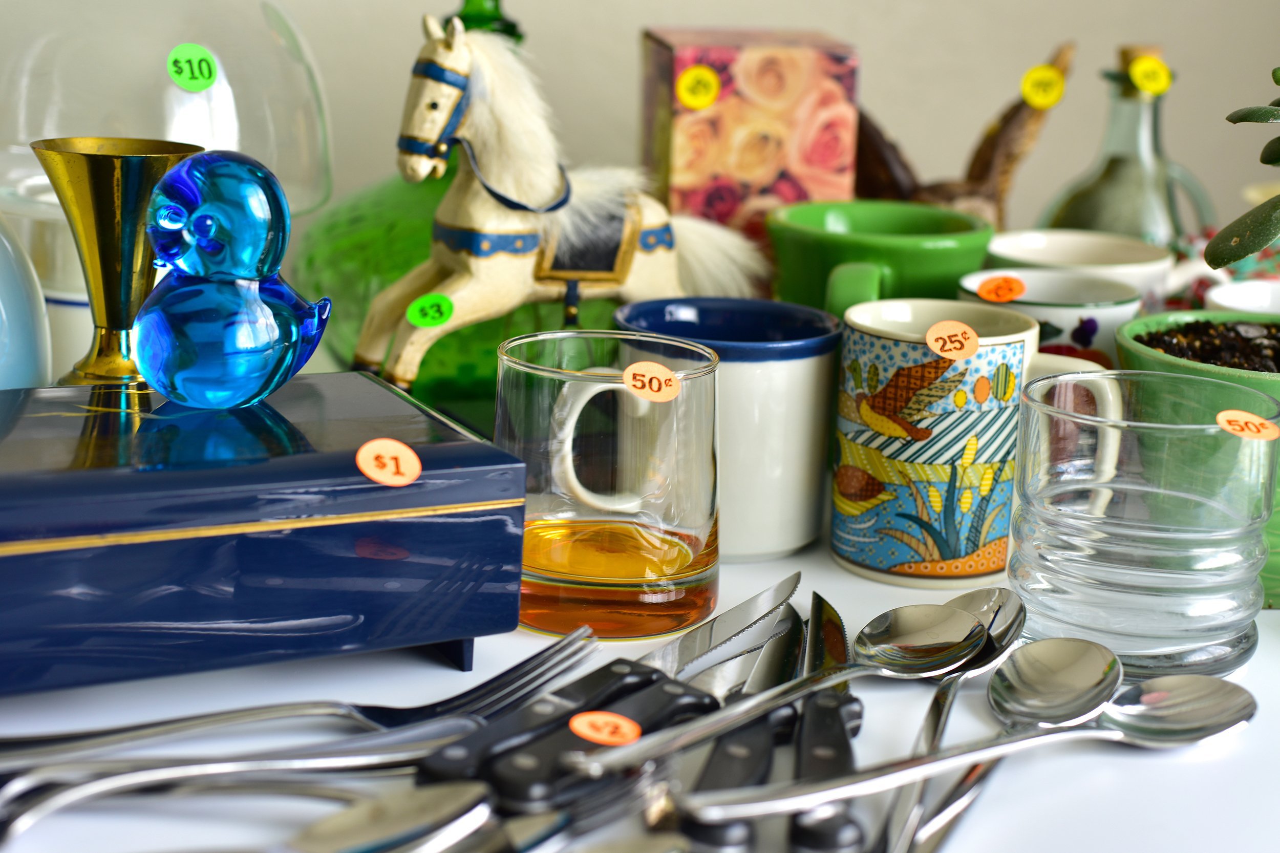 Garage sale items with price stickers