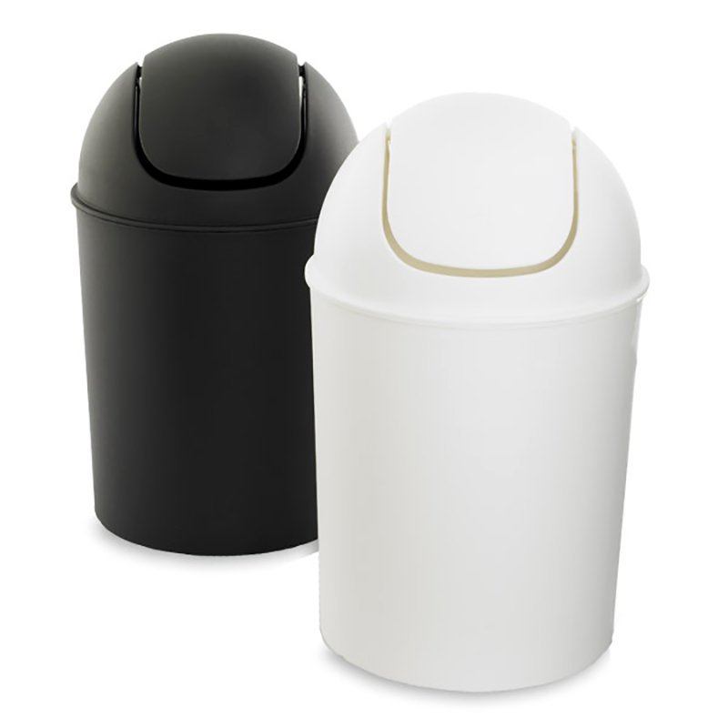Two black and white small lidded trash cans