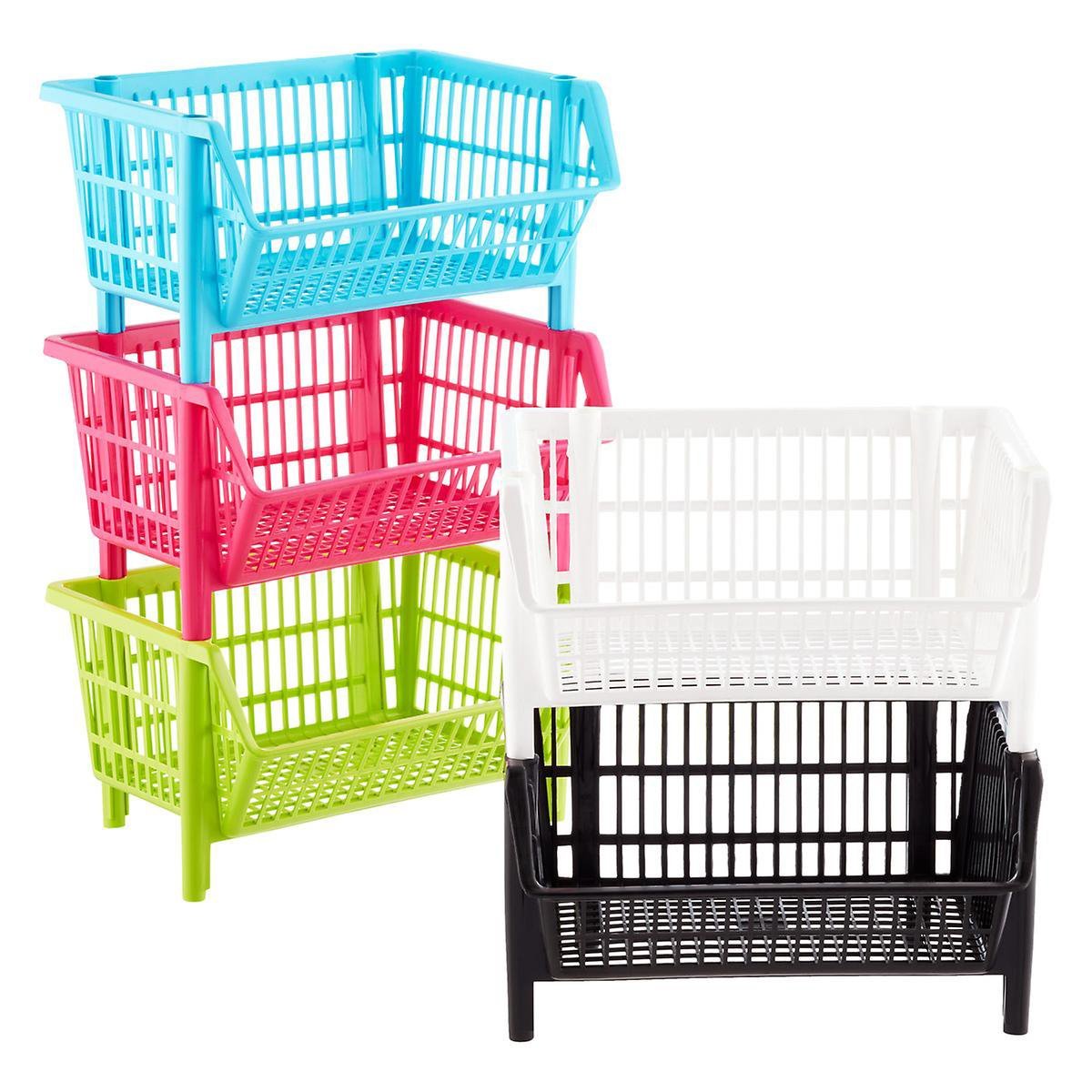 Variety of colored stacking plastic baskets