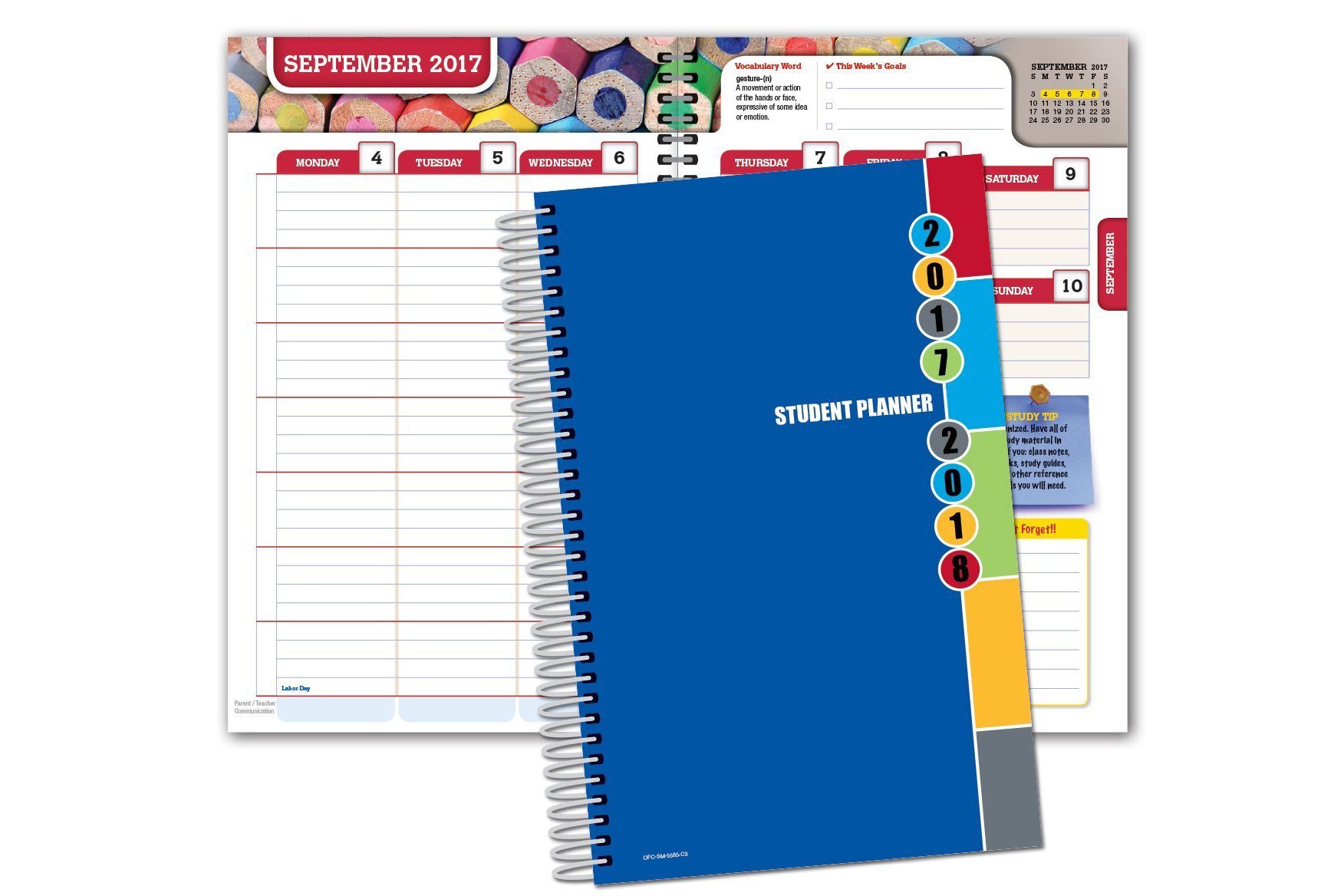 View of blue opened academic planner