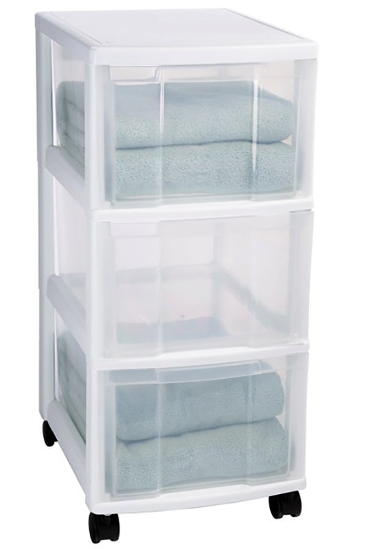 Storage chest on wheels with three drawers