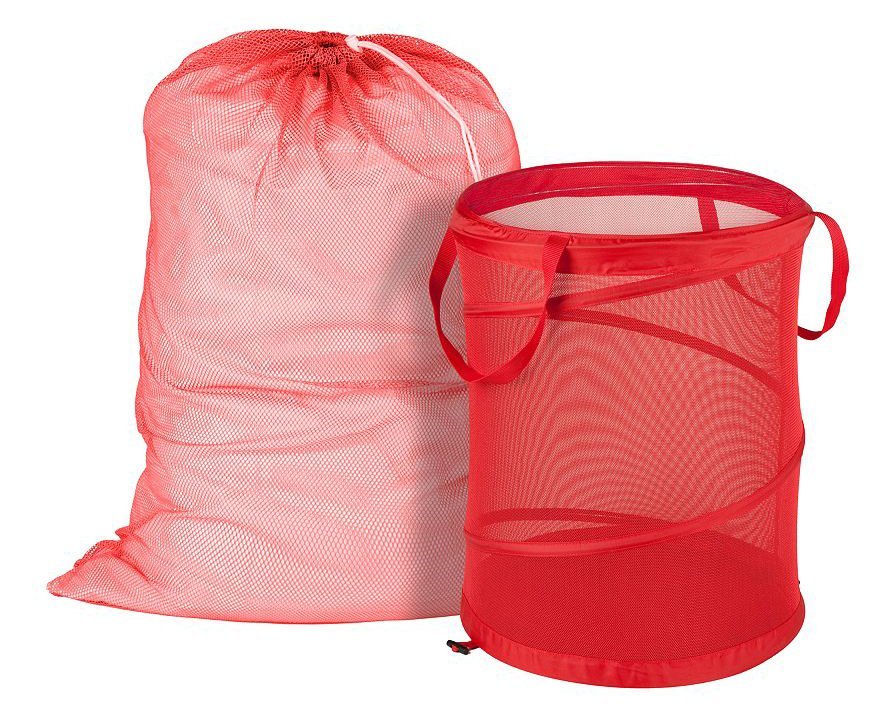 Red mesh laundry bag and hamper