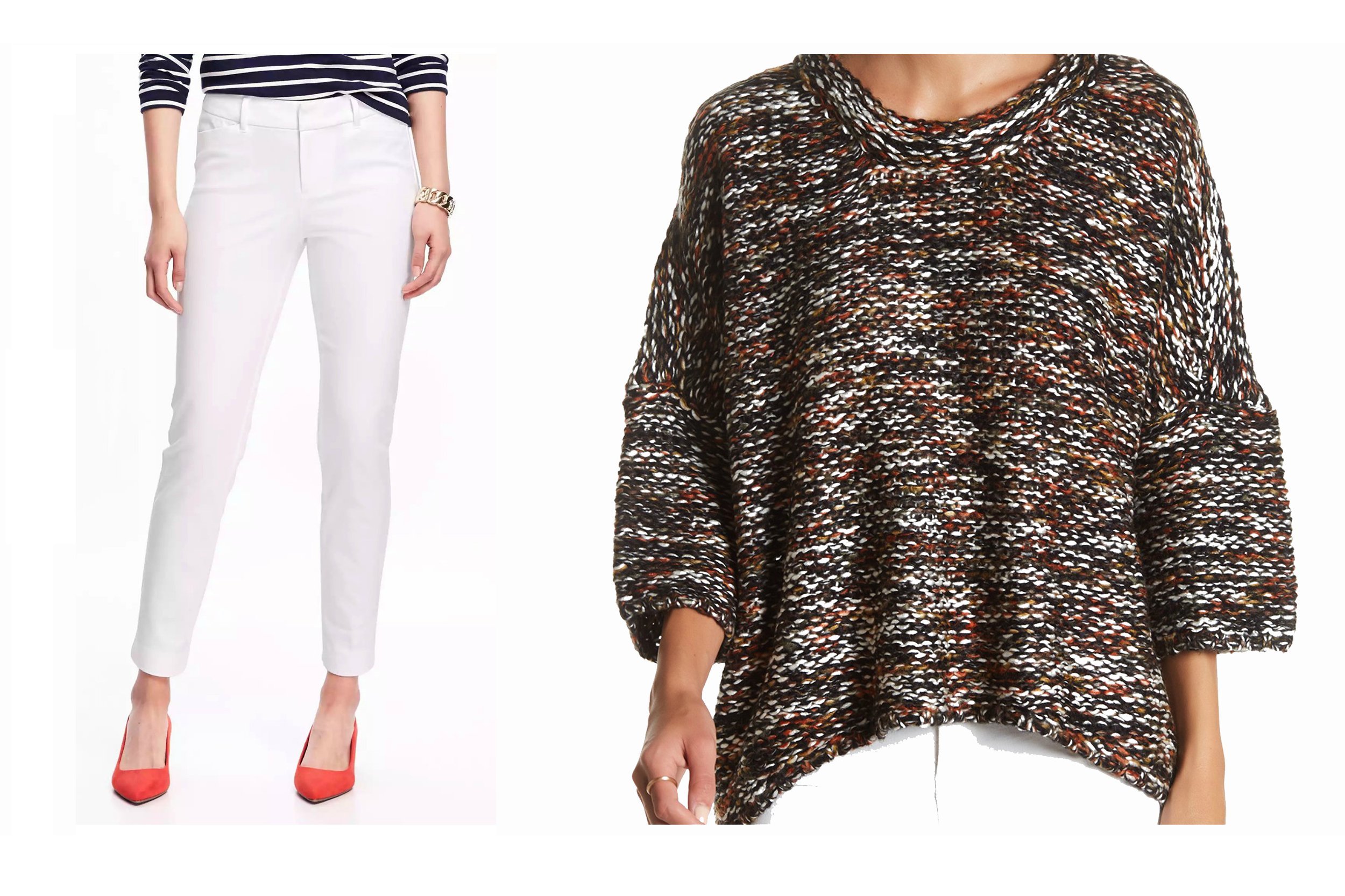 Close-up of white ankle pants and a yarn sweater