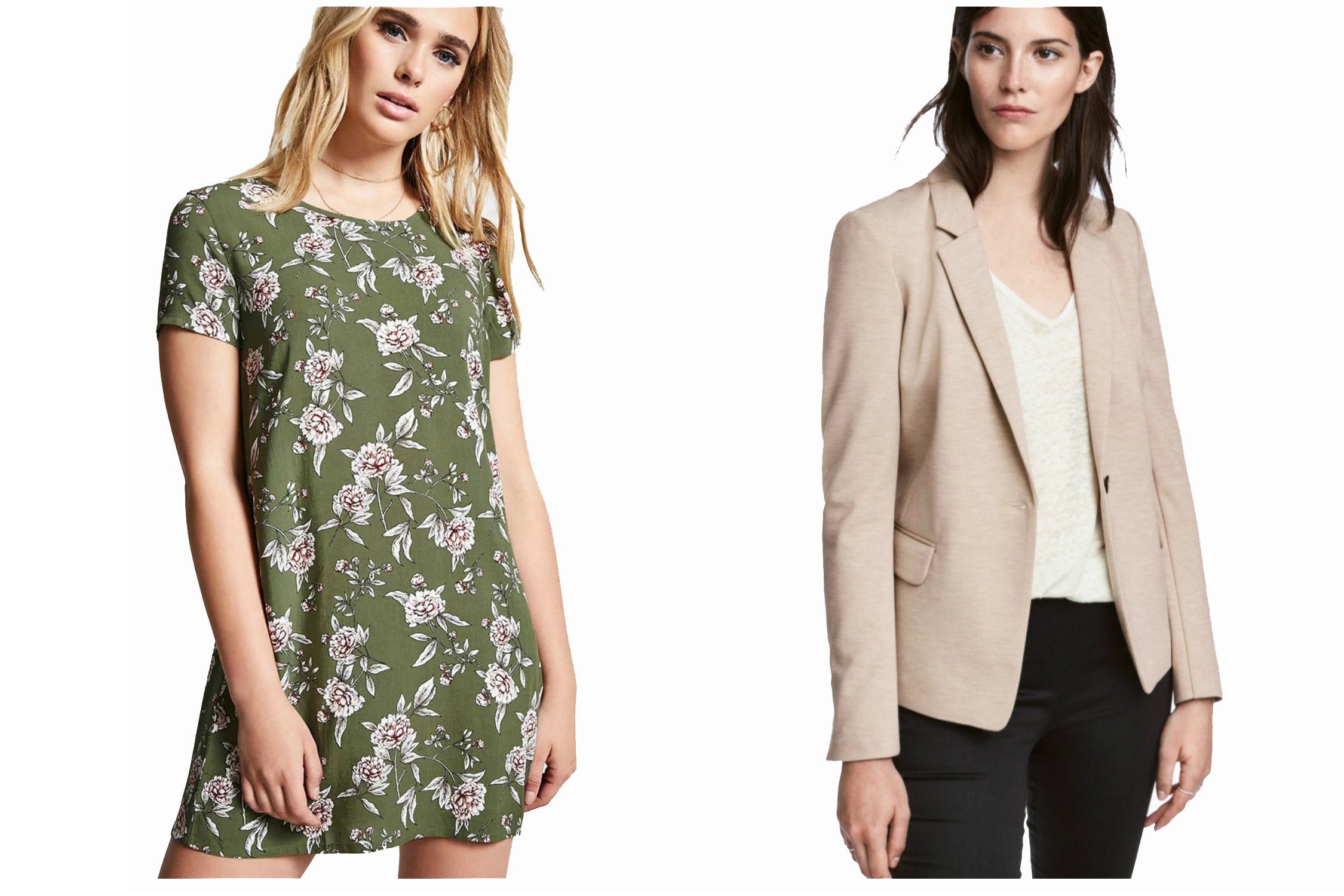 A model wearing a floral summer dress, and a model wearing a light jacket
