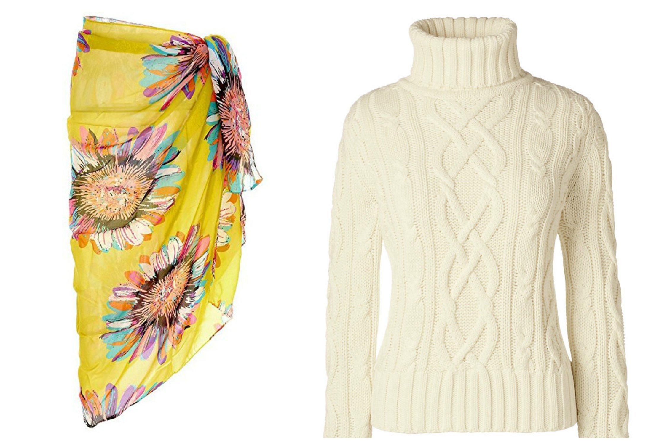 Close-up of a bright sarong and a knit turtleneck sweater