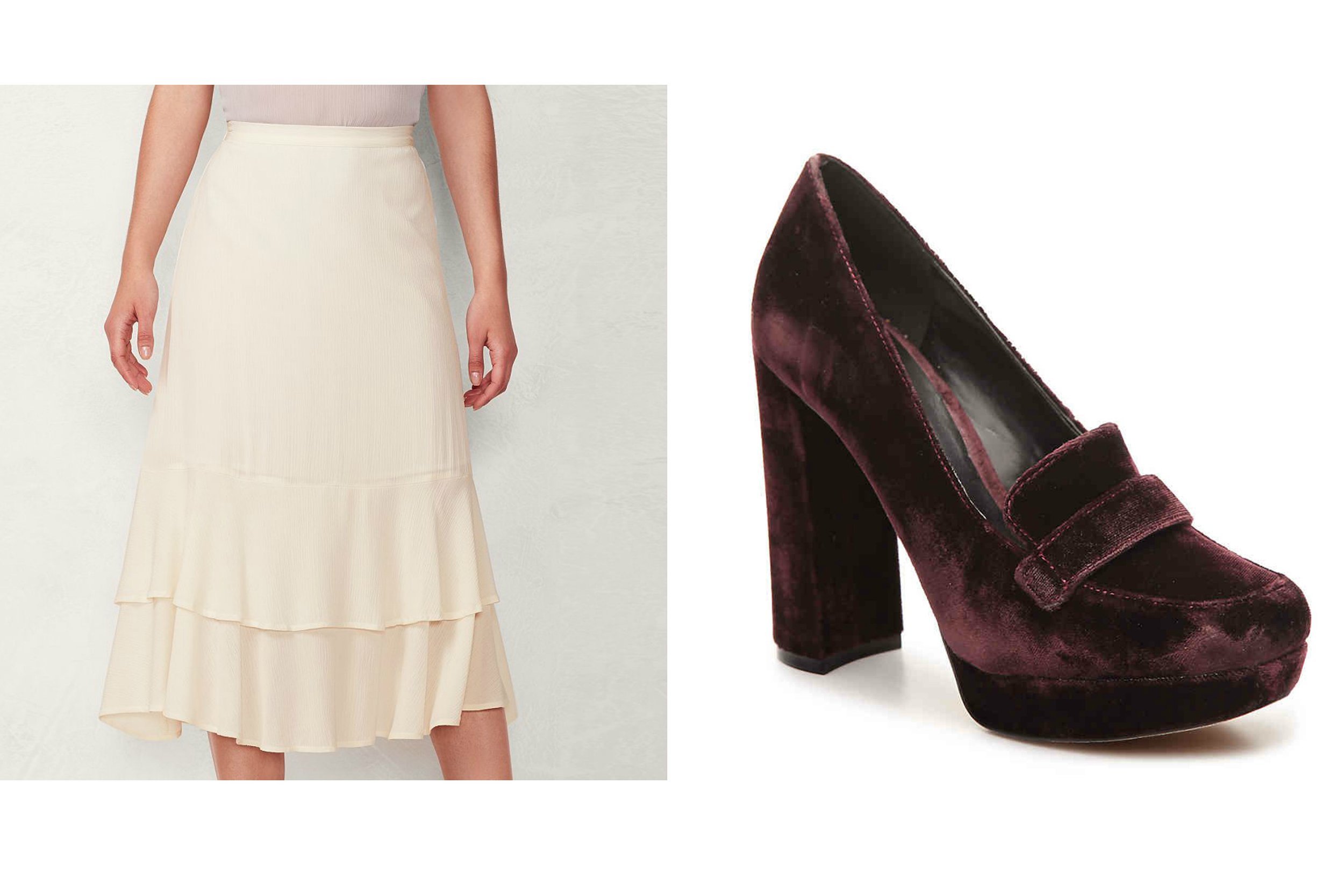 Close-up of a light mid-length skirt and velvet platform pumps
