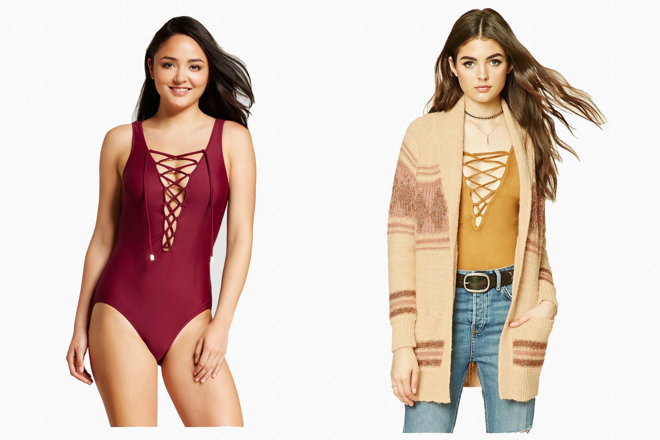 A model wearing a one-piece swimsuit, and a model wearing a long cardigan sweater