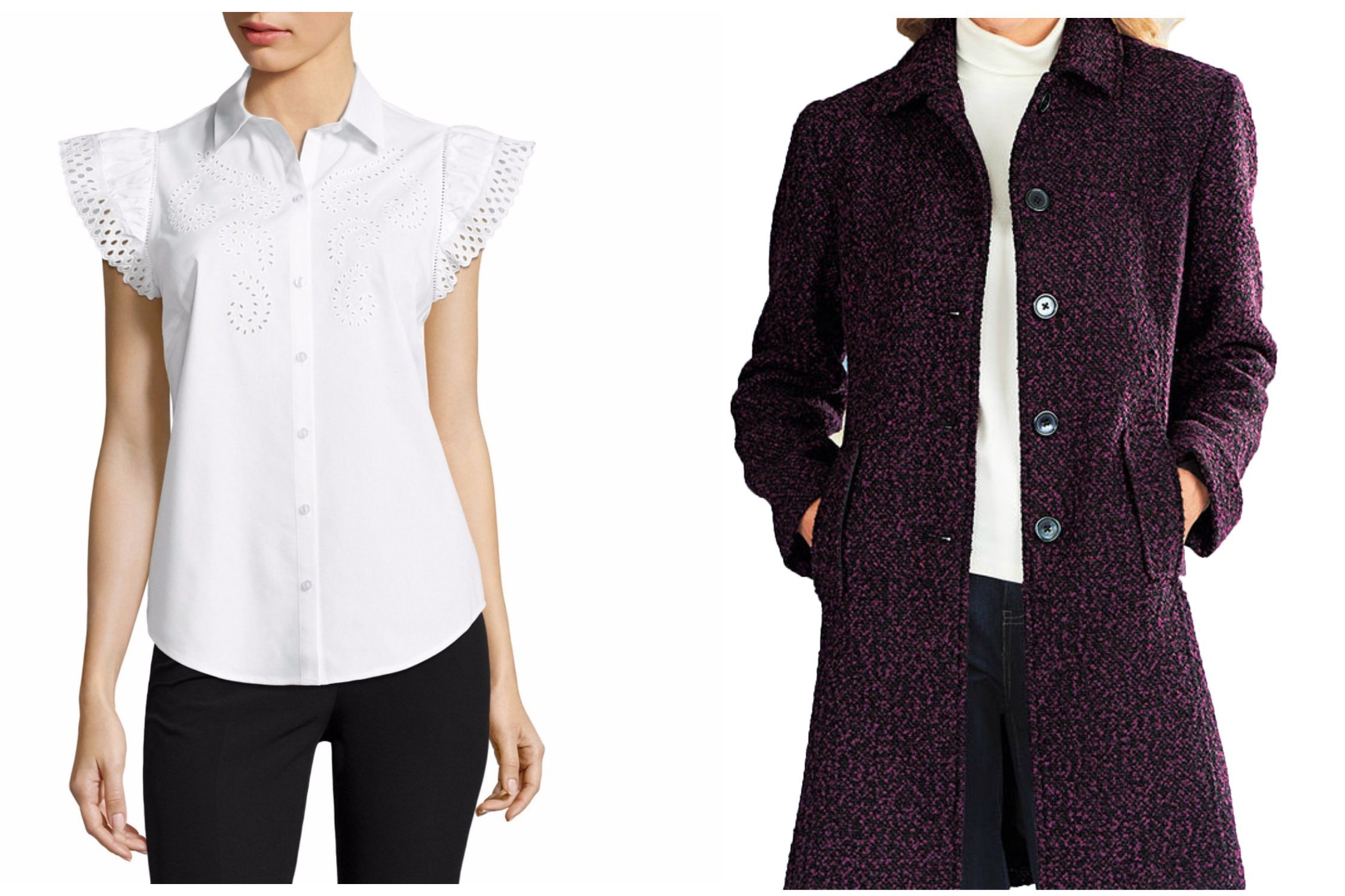 A model wearing a white button-up blouse, and a model wearing a wool tweed coat