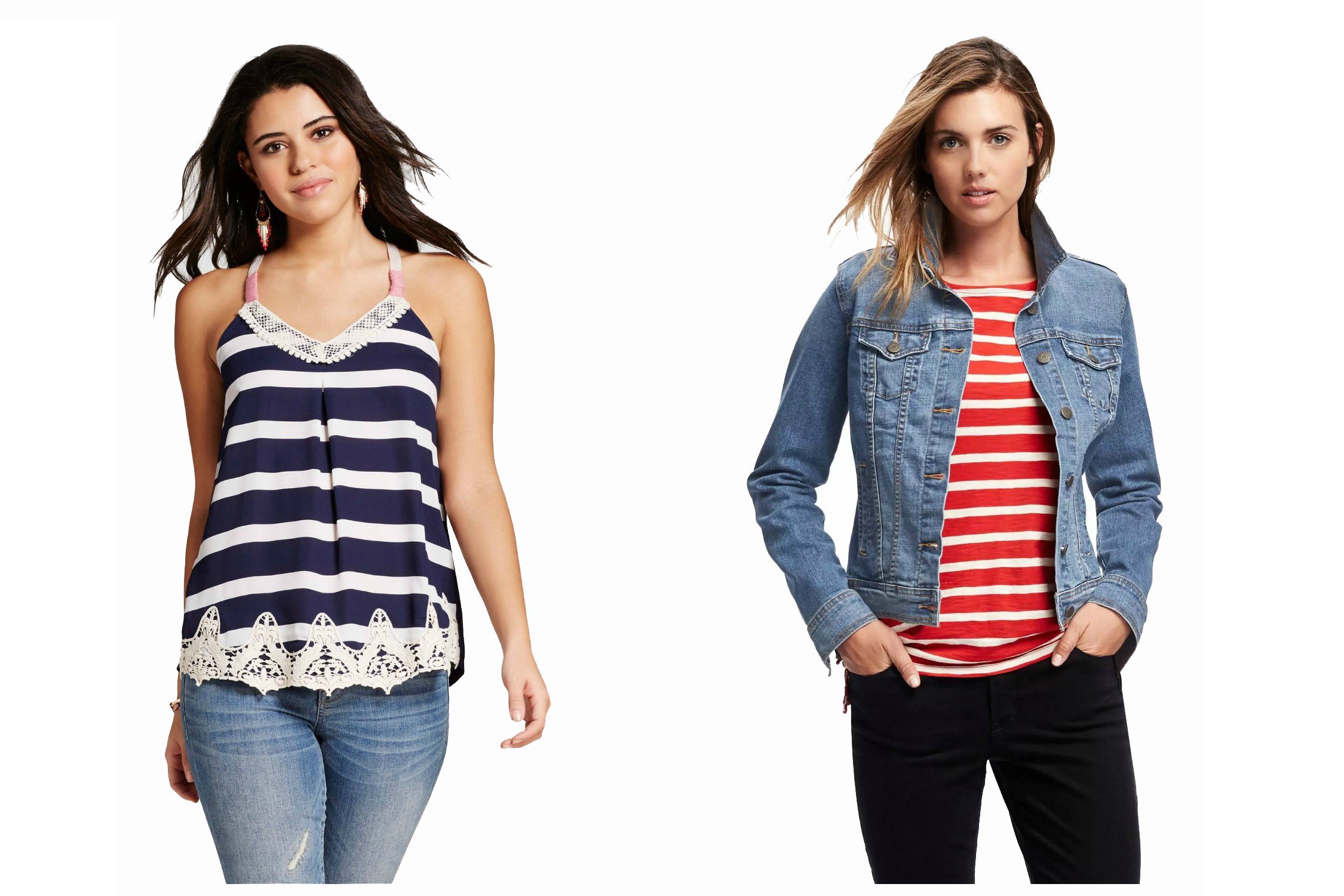 Model wearing a navy striped tank top, and a model wearing a denim jacket
