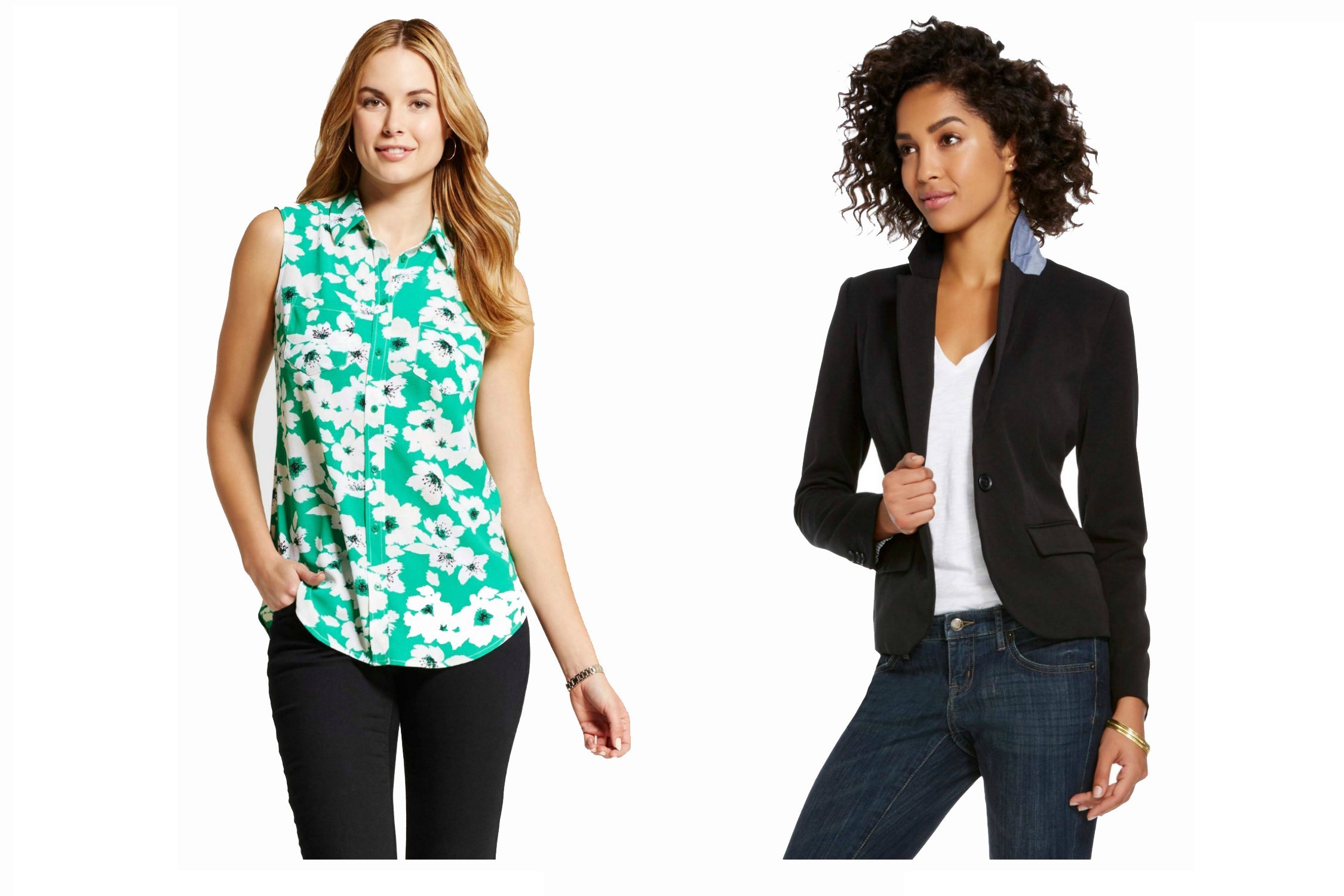 A model wearing a bright green blouse, and a model wearing a dark blazer