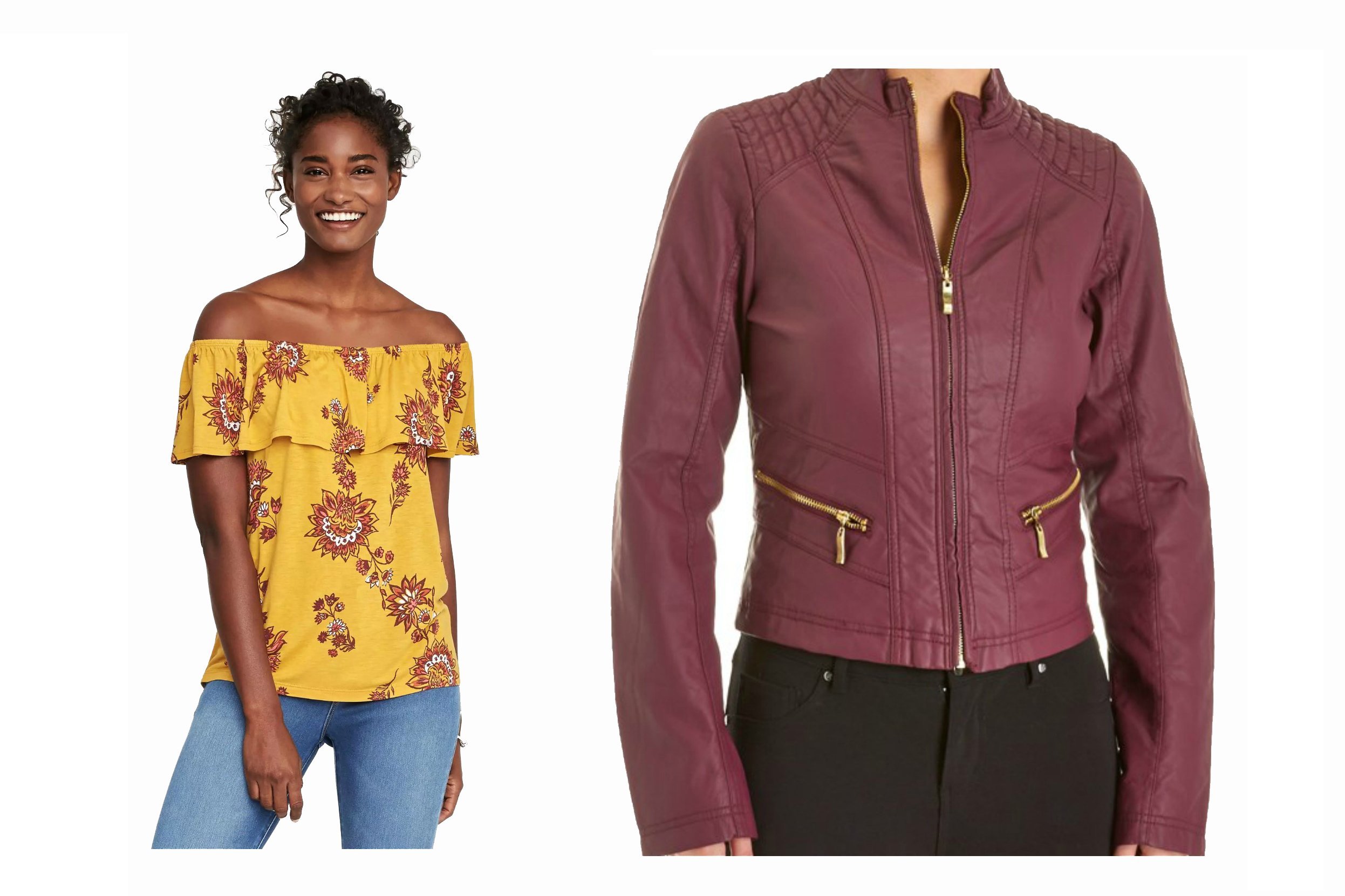 A model wearing a yellow floral top, and a model wearing a purple leather jacket