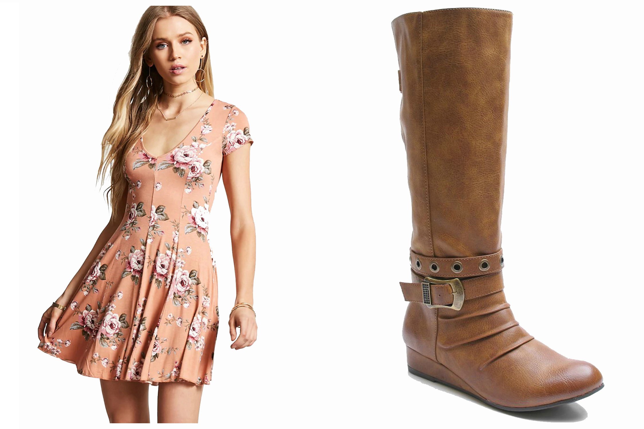 A model wearing a pink floral dress, and a still shot of a leather boot